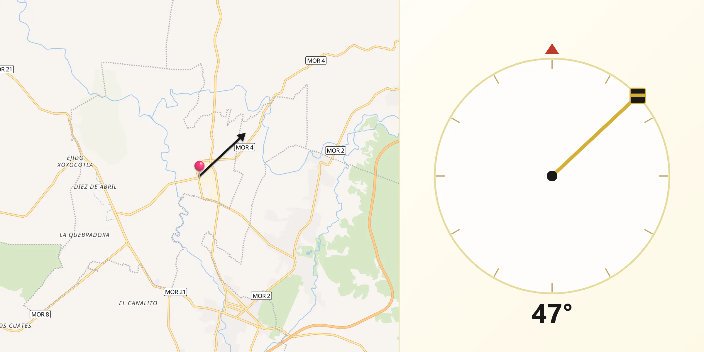 Dirección de la Qibla desde Zacatepec de Hidalgo