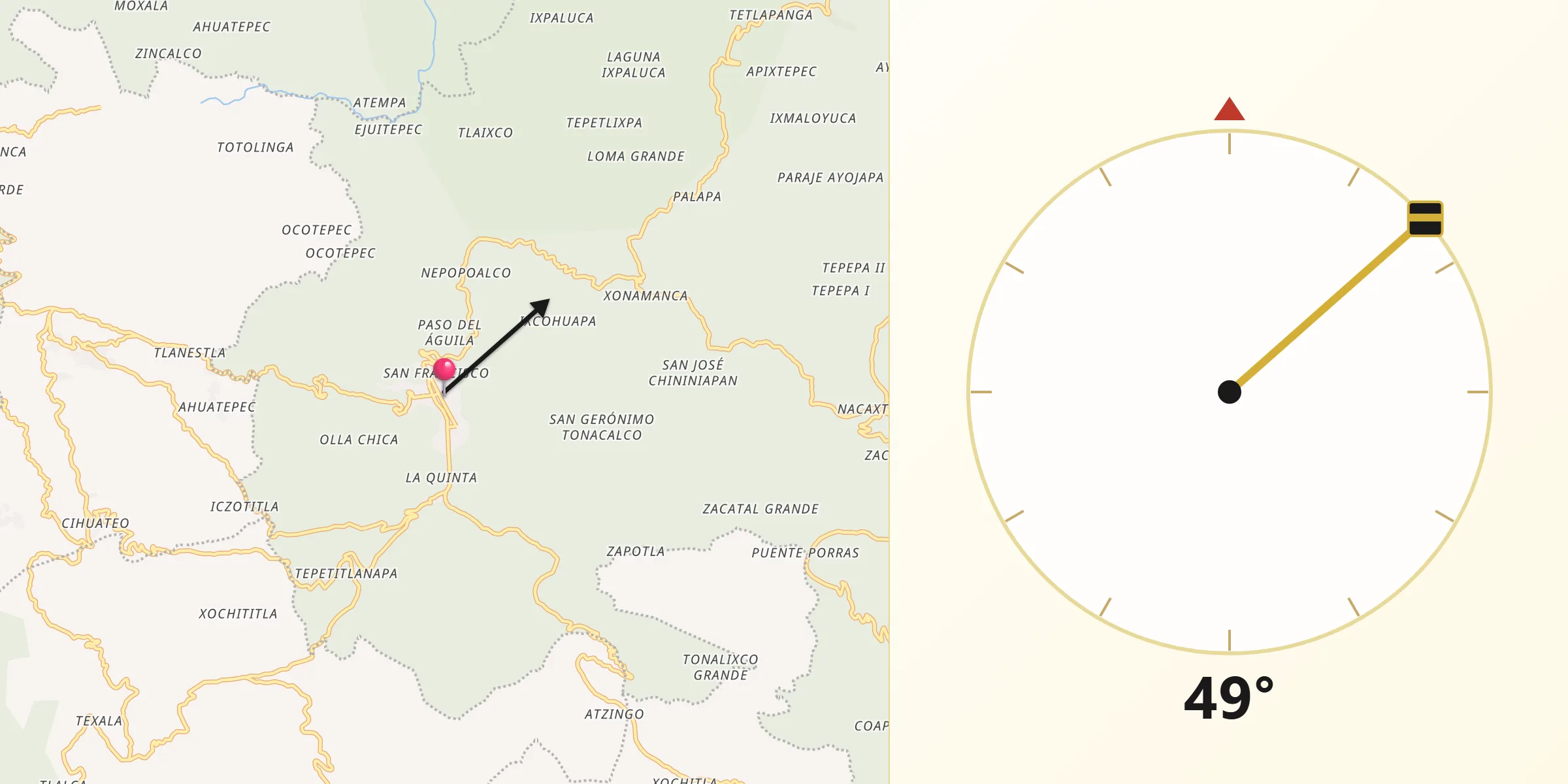 Dirección de la Qibla desde Zongolica