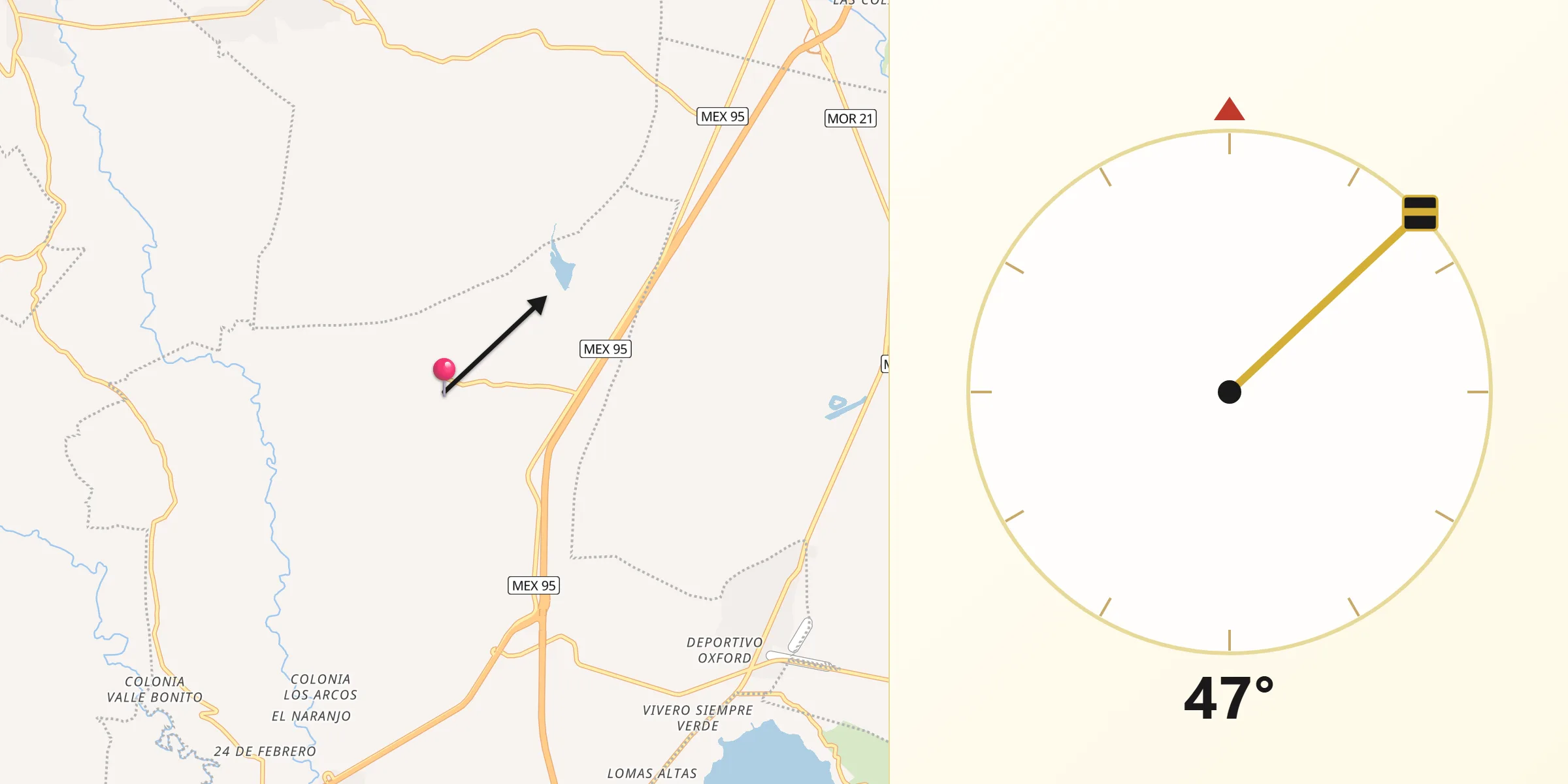 Dirección de la Qibla desde Ahuehuetzingo