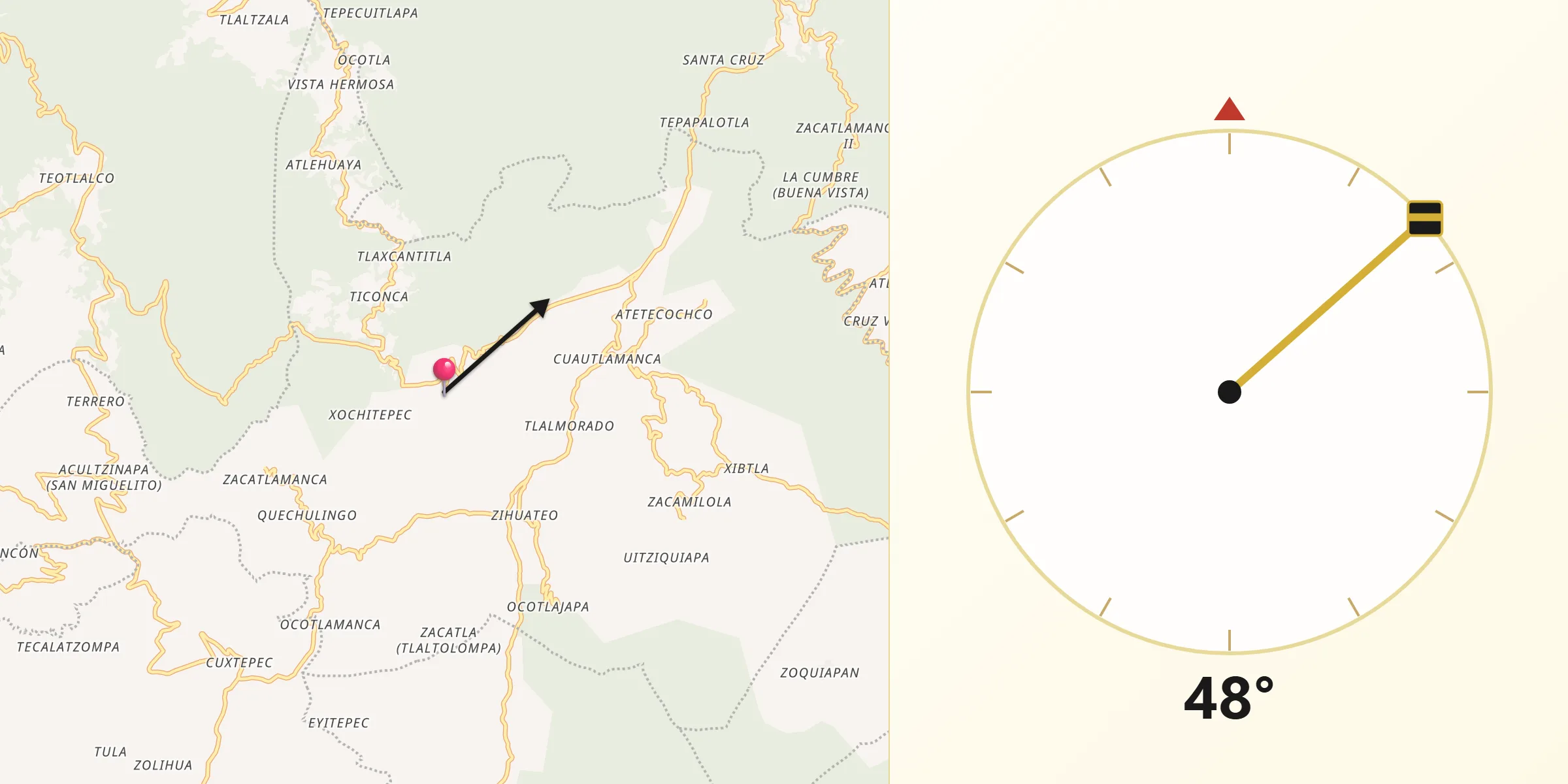 Dirección de la Qibla desde Atlahuilco