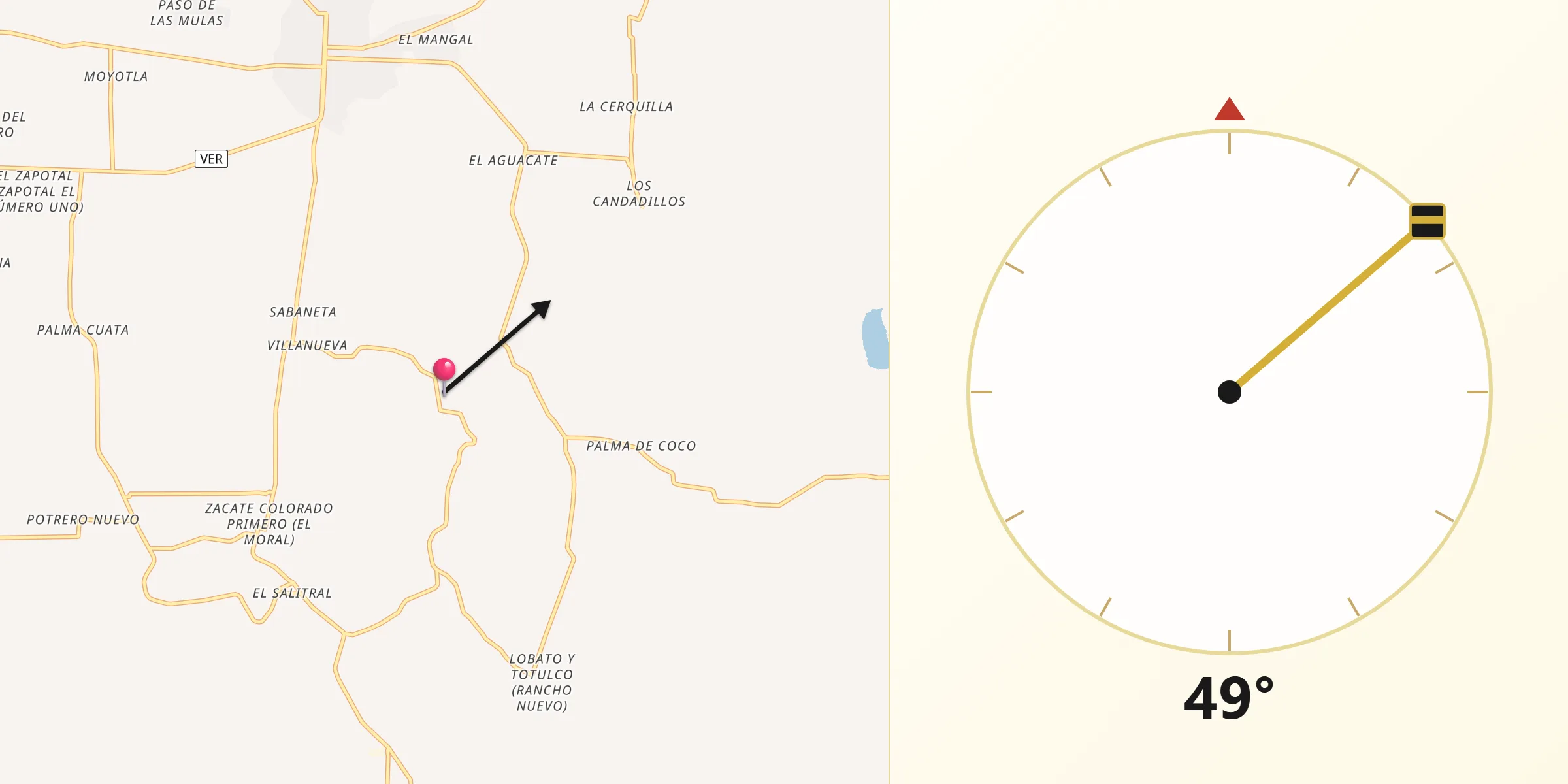 Dirección de la Qibla desde Zacate Colorado Segundo (Fraternidad)