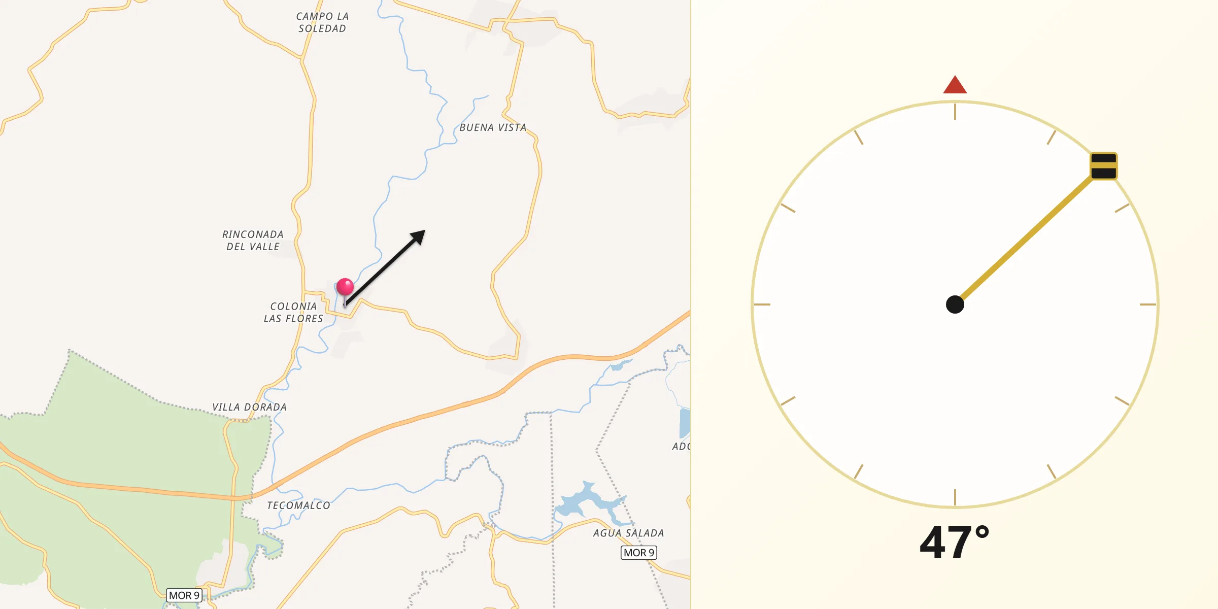 Dirección de la Qibla desde San Vicente de Juárez