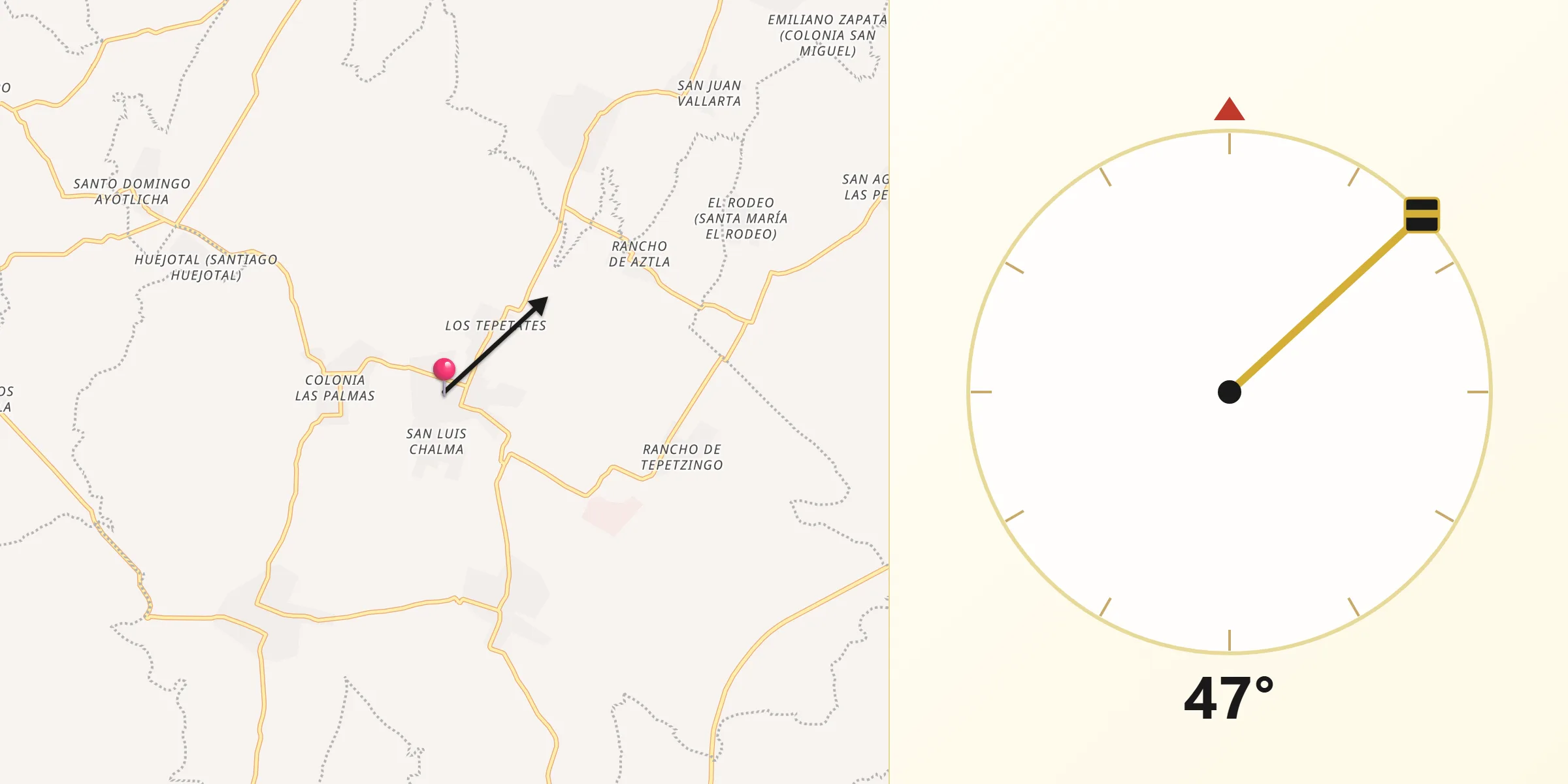 Dirección de la Qibla desde Tlapanalá