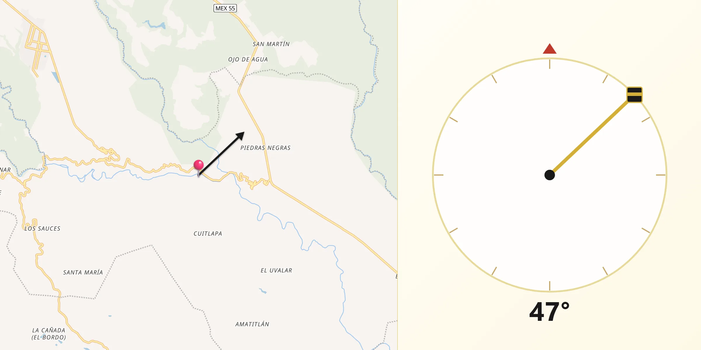 Dirección de la Qibla desde Pilcaya