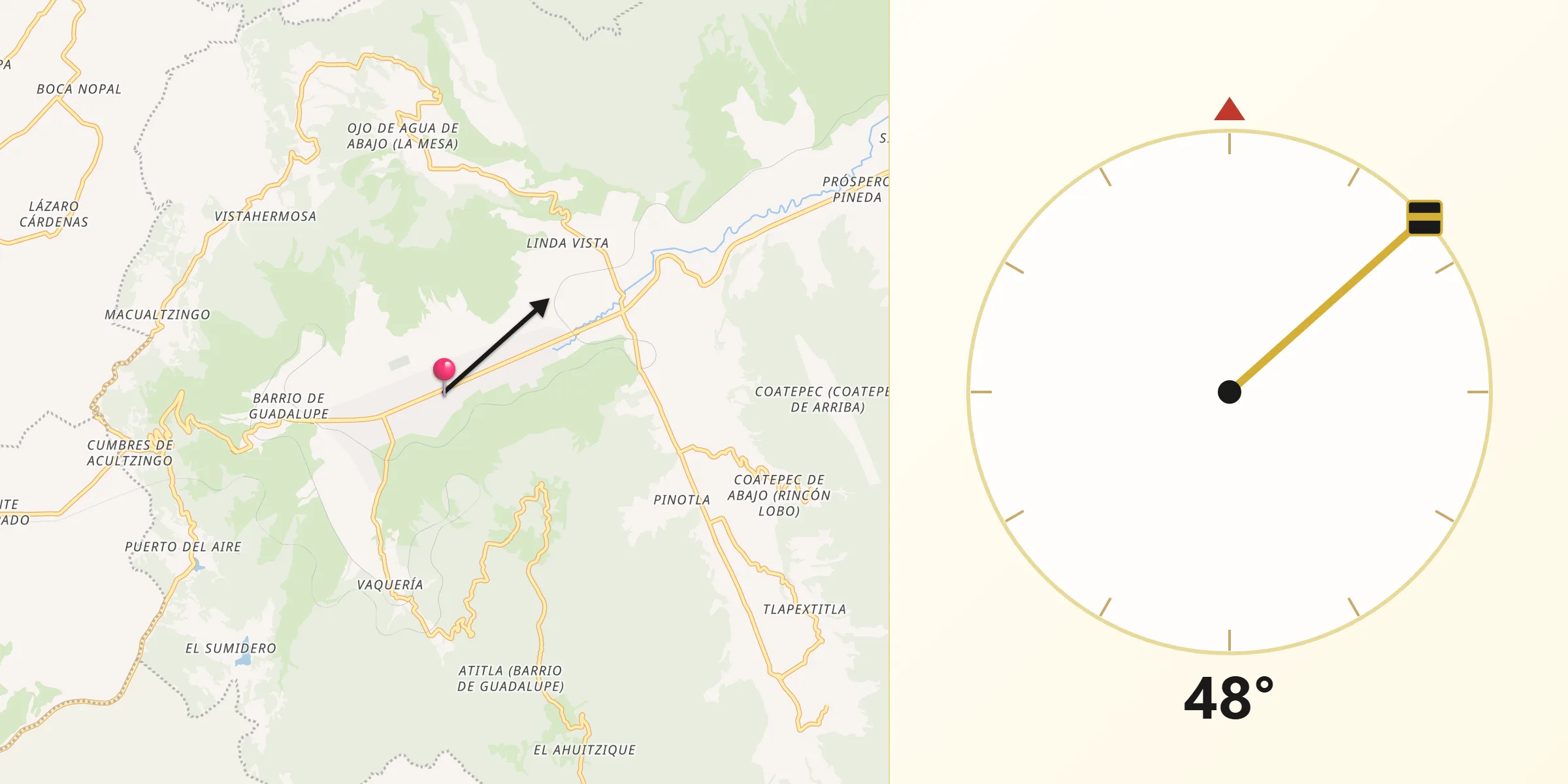Dirección de la Qibla desde Acultzingo