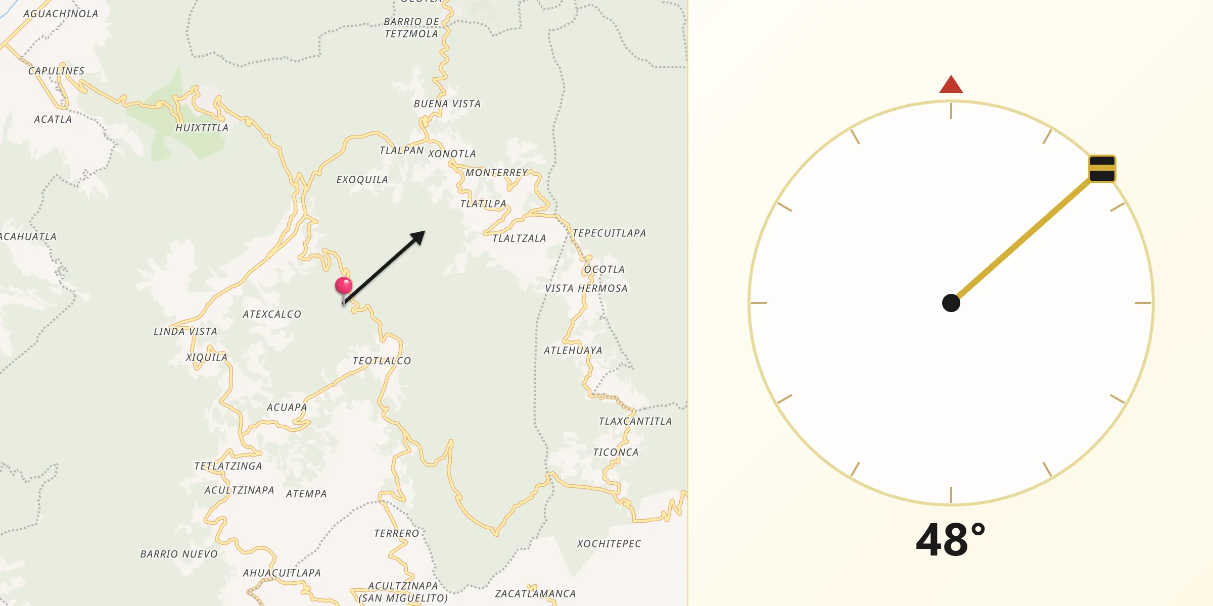 Dirección de la Qibla desde Huitzila