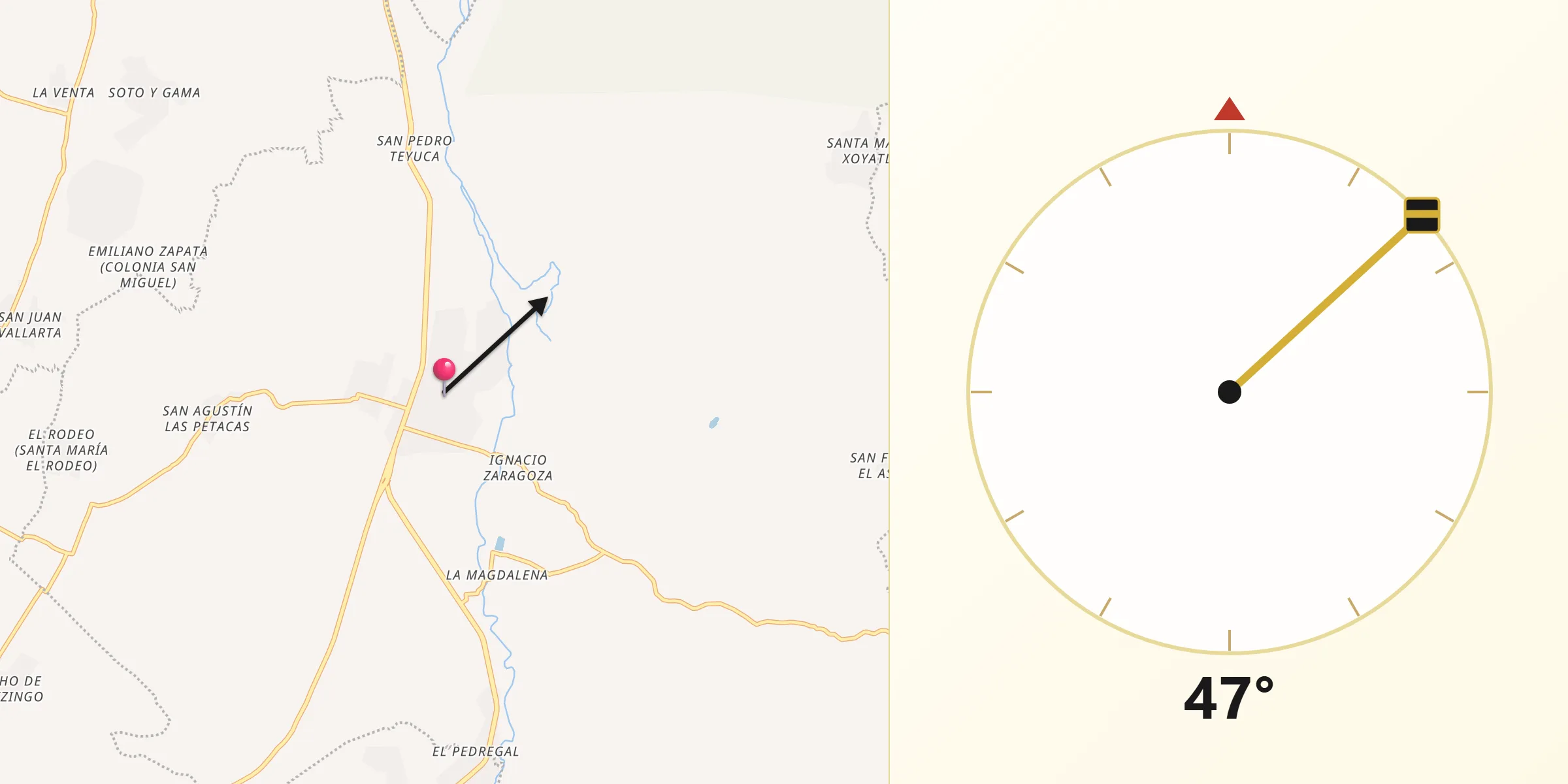 Dirección de la Qibla desde Tepeojuma