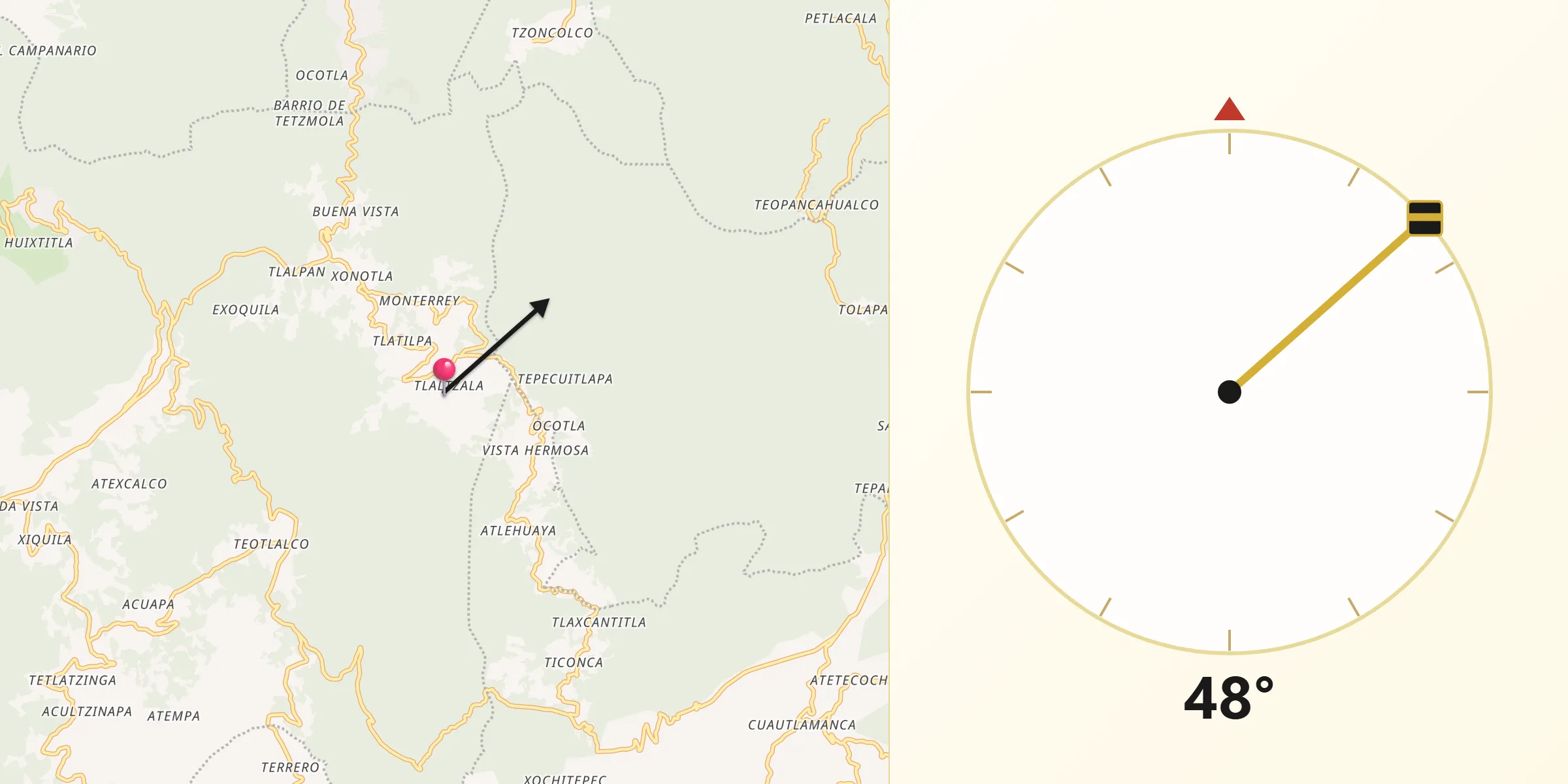 Dirección de la Qibla desde Tlatzala