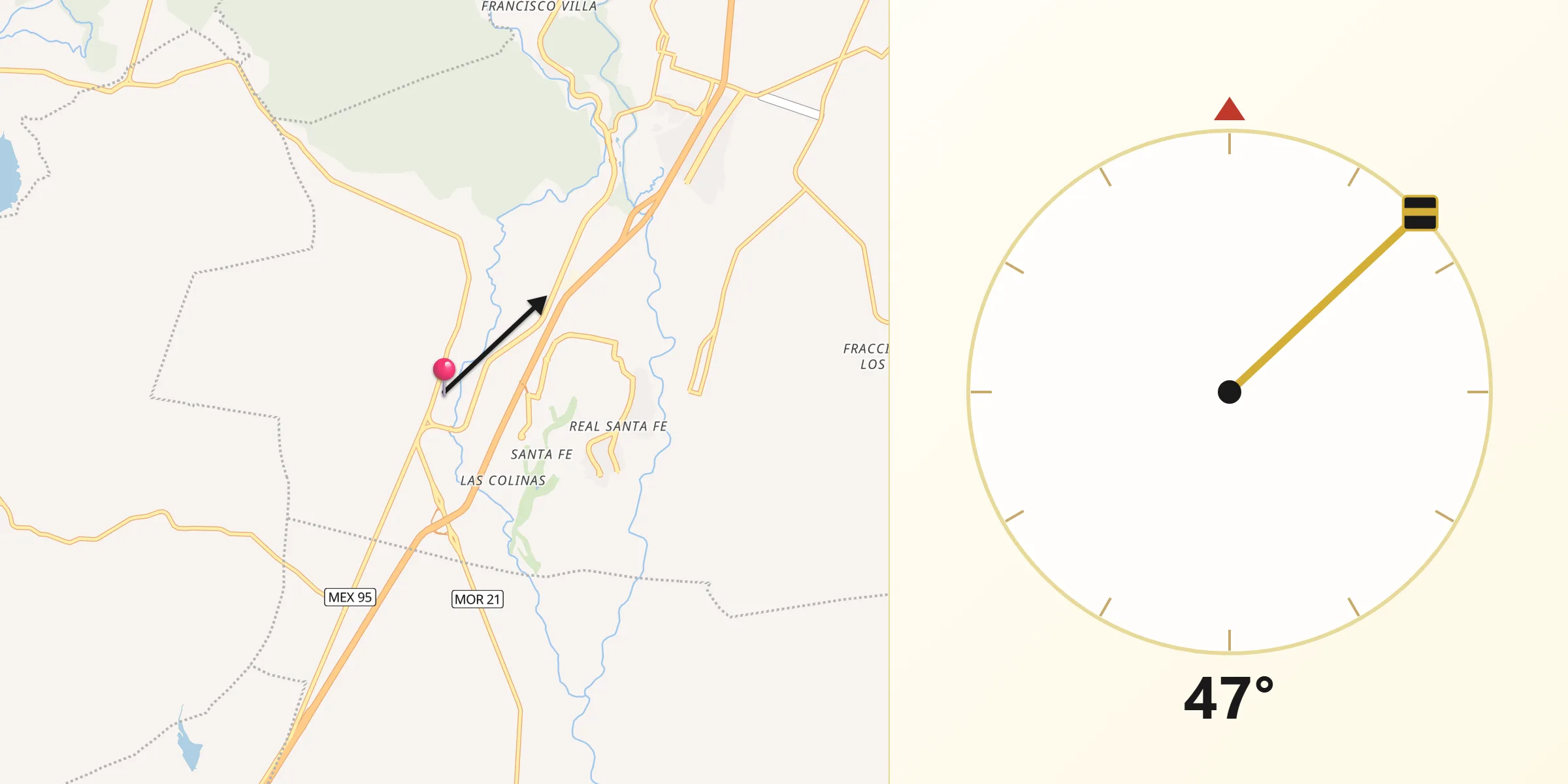 Dirección de la Qibla desde Alpuyeca