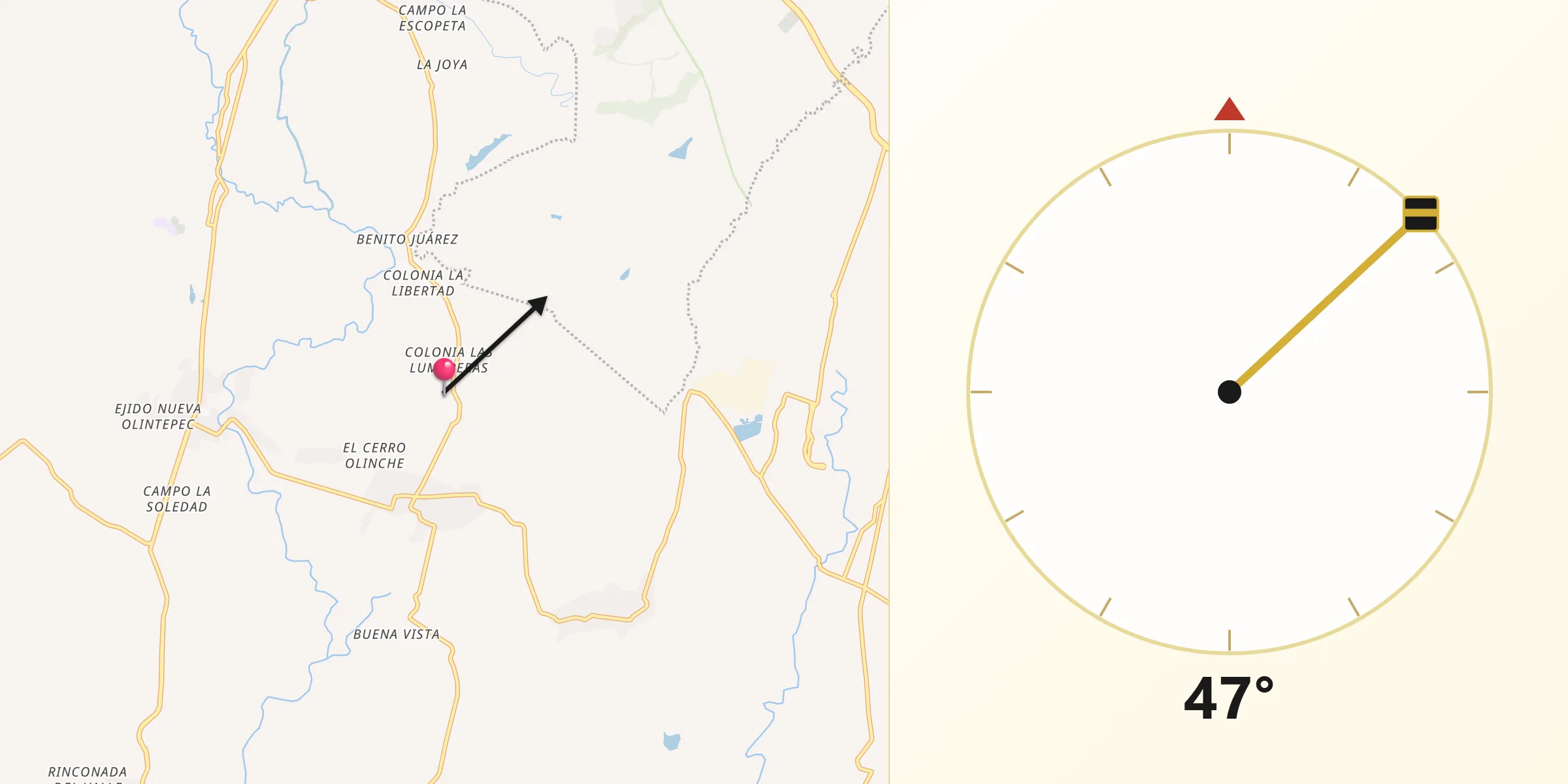 Dirección de la Qibla desde Constancio Farfán (La Pascuala)
