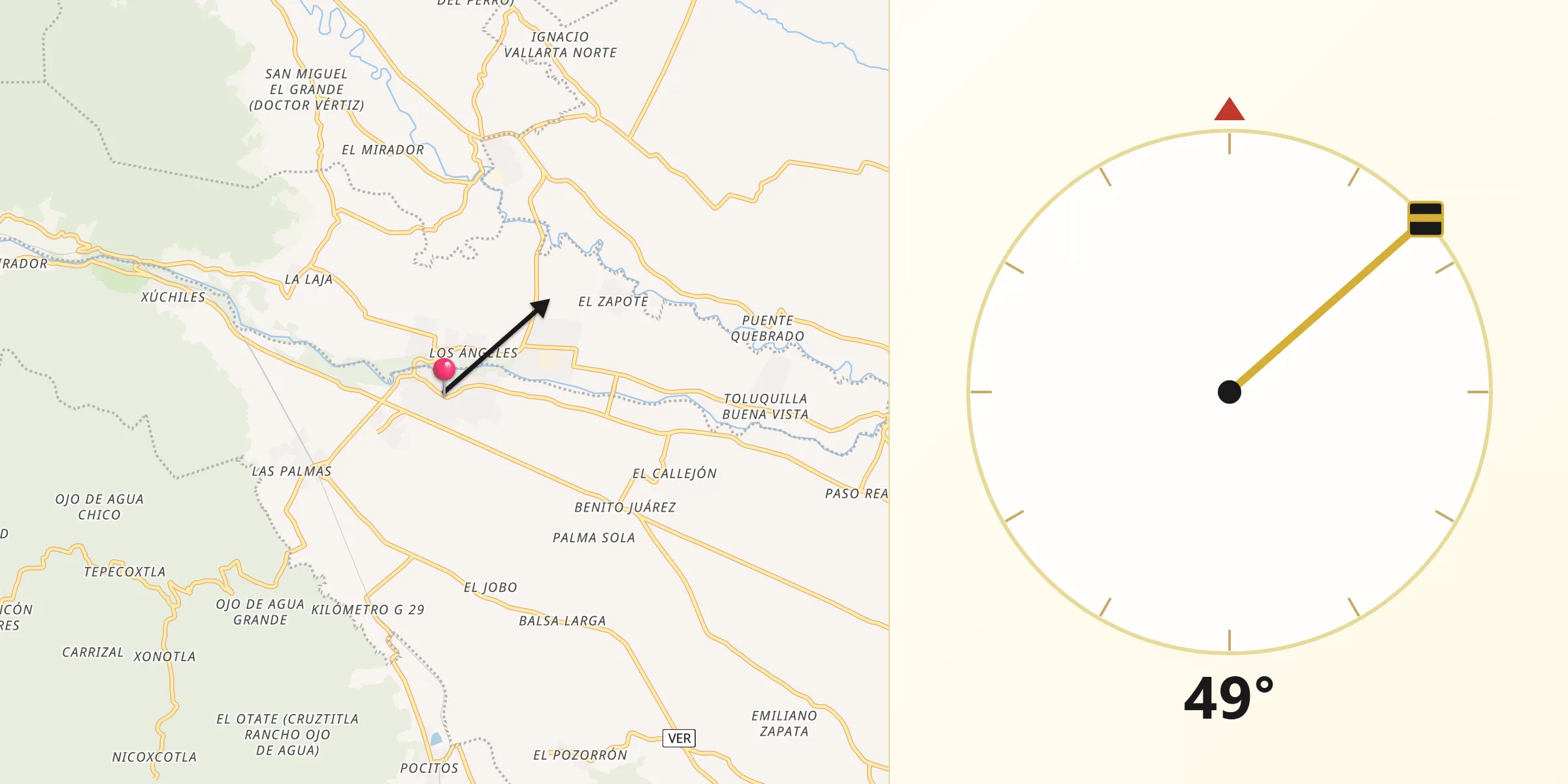 Dirección de la Qibla desde Omealca