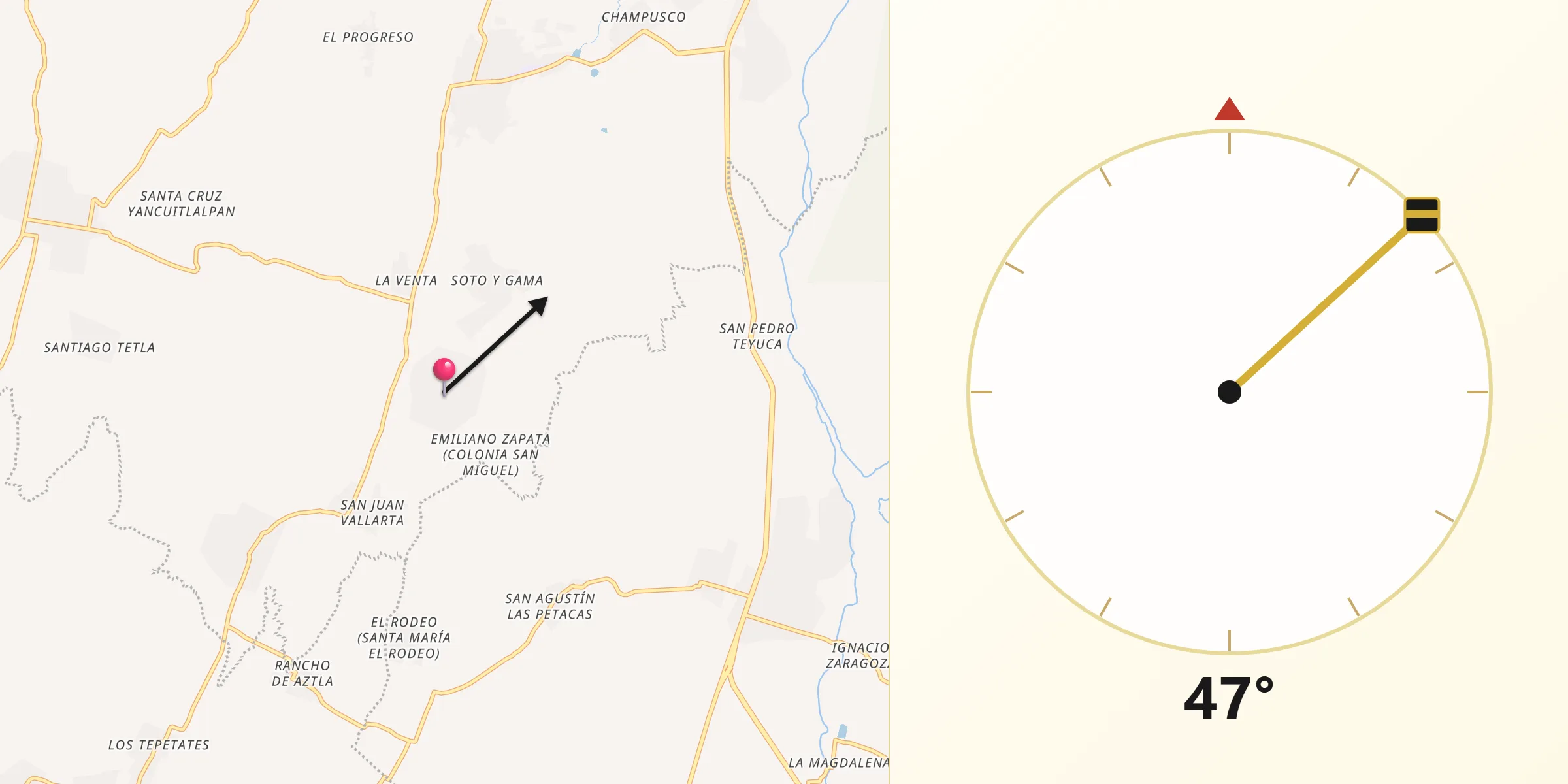 Dirección de la Qibla desde Tezonteopan de Bonilla