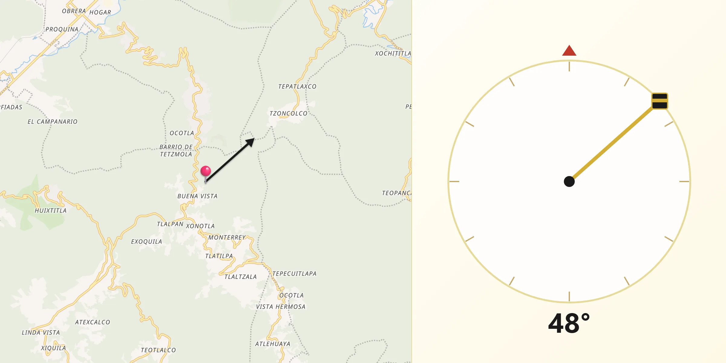 Dirección de la Qibla desde Soledad Atzompa