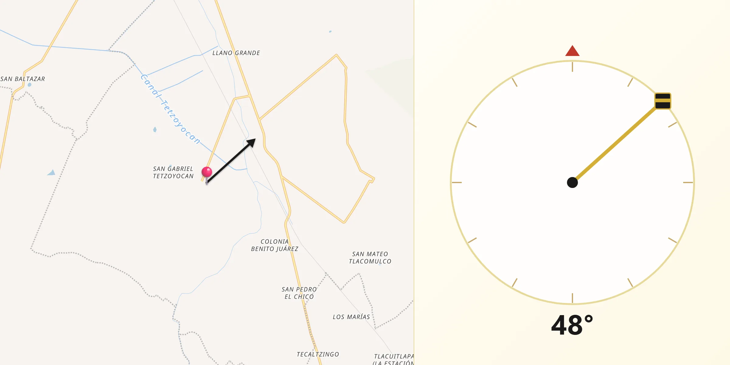 Dirección de la Qibla desde San Gabriel Tetzoyocán