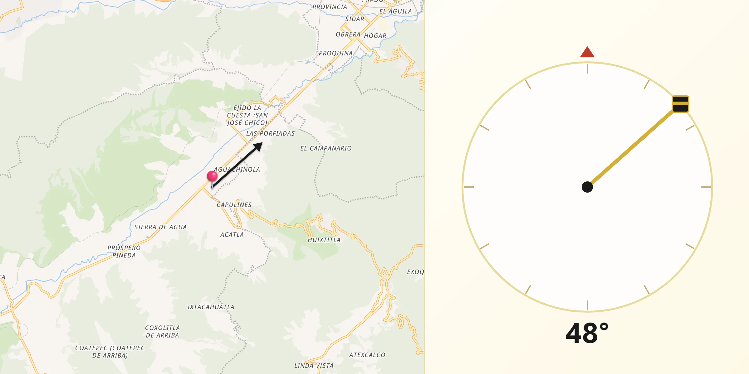 Dirección de la Qibla desde Tecamalucan