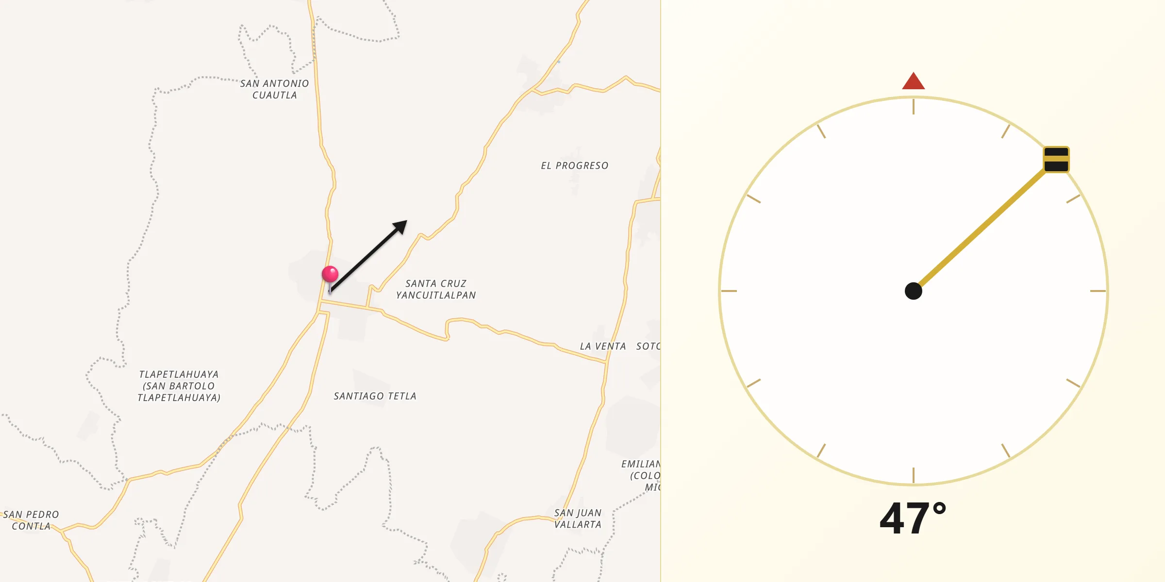 Dirección de la Qibla desde Huaquechula