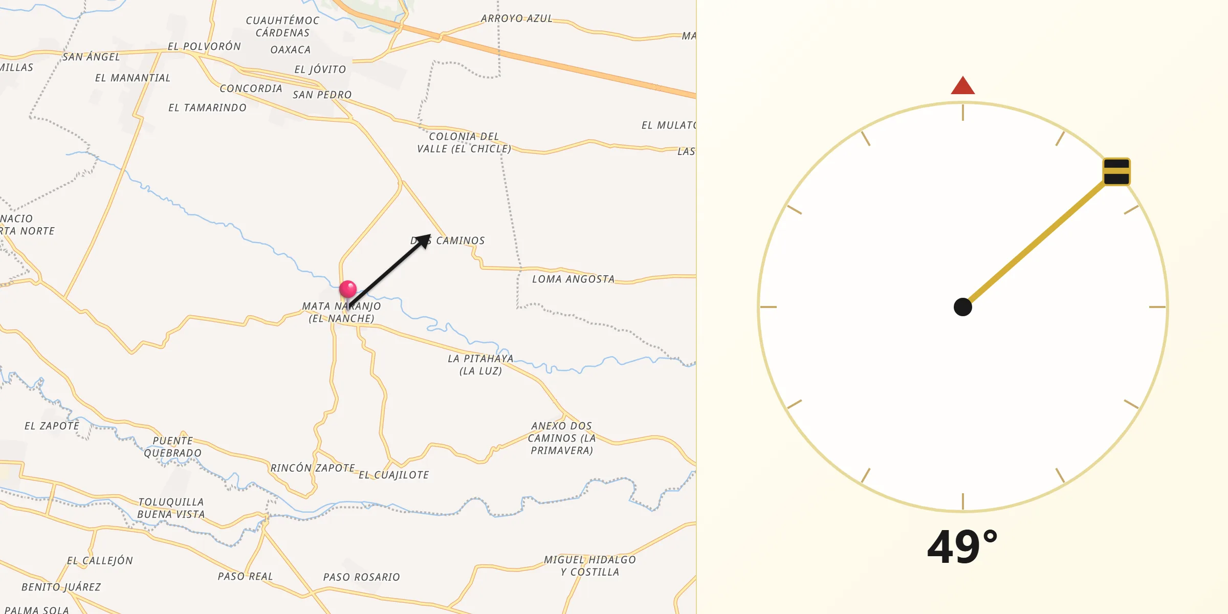 Dirección de la Qibla desde Mata Naranjo