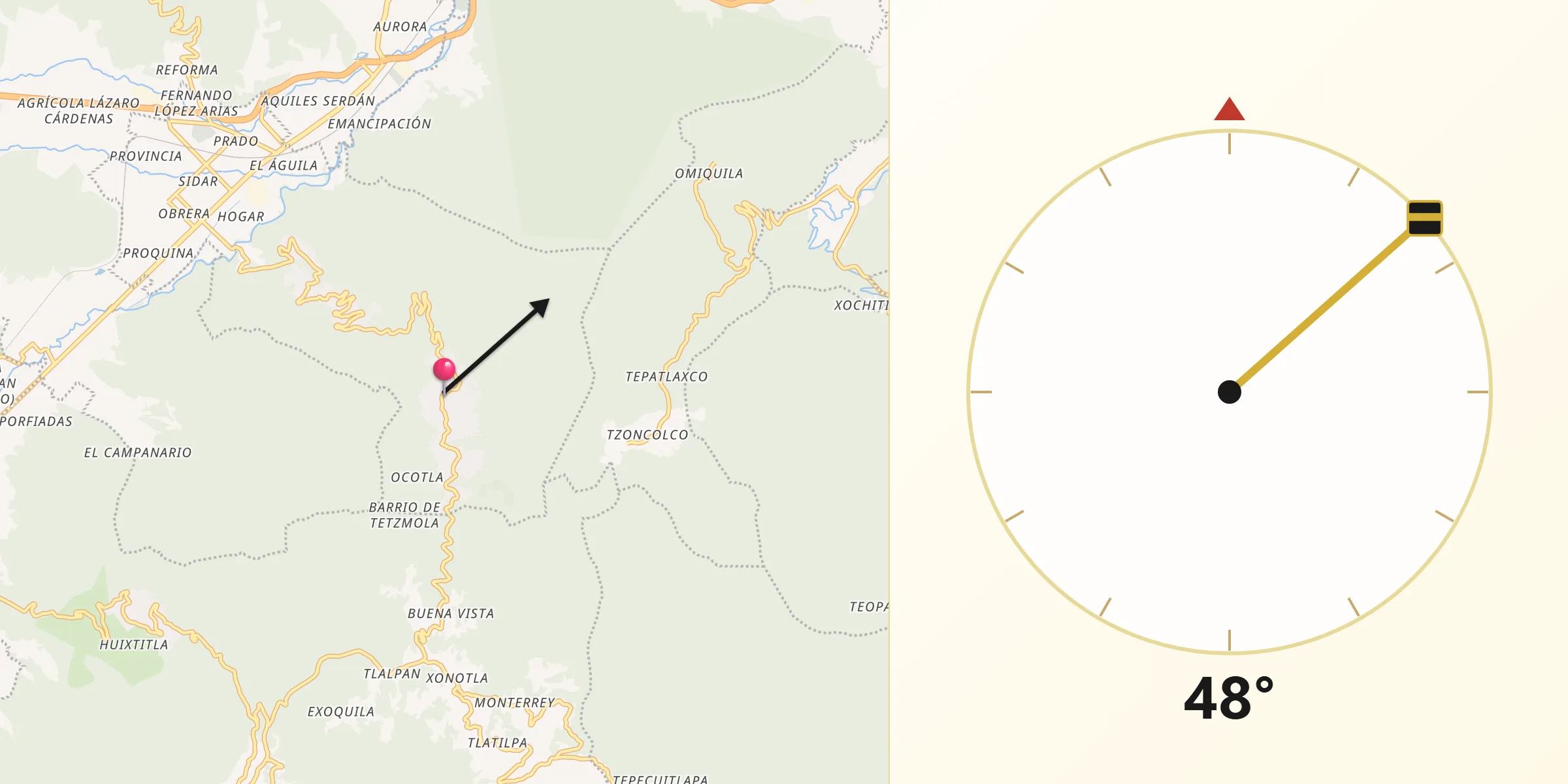 Dirección de la Qibla desde Necoxtla
