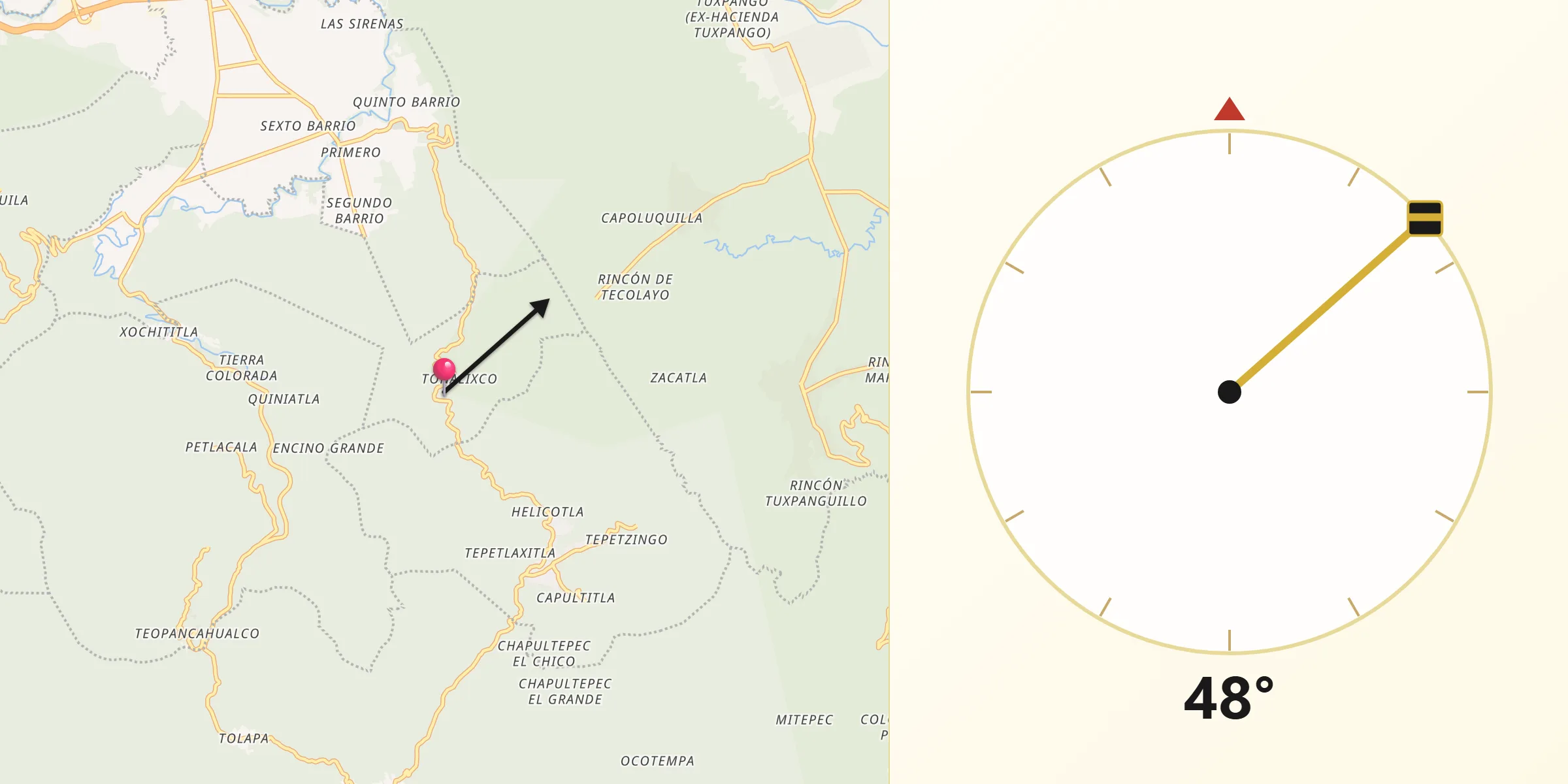 Dirección de la Qibla desde Tonalixco