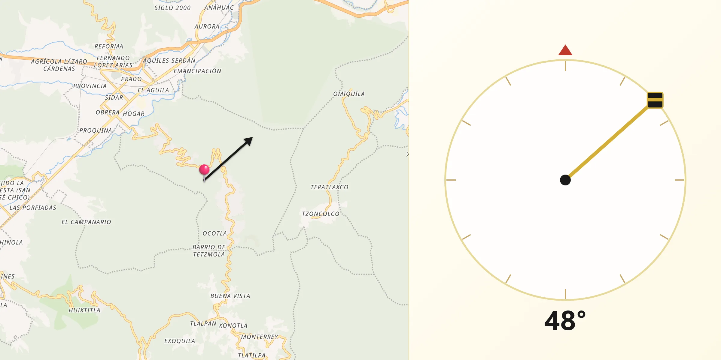Dirección de la Qibla desde Camerino Z. Mendoza