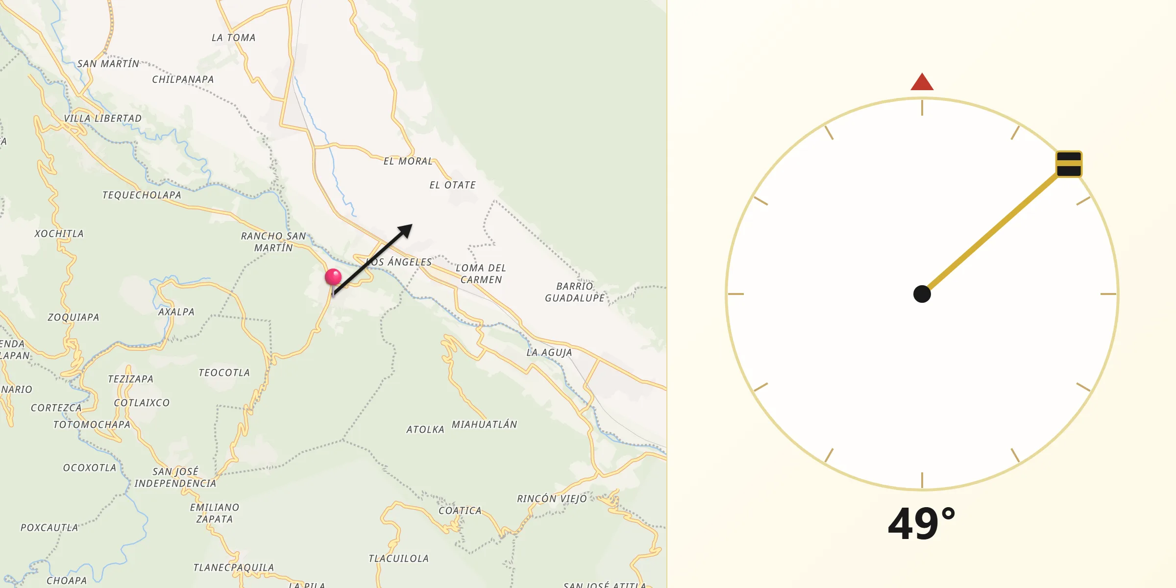 Dirección de la Qibla desde Coetzala