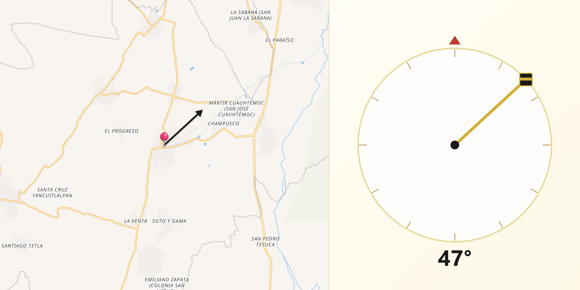 Dirección de la Qibla desde Cacaloxúchitl