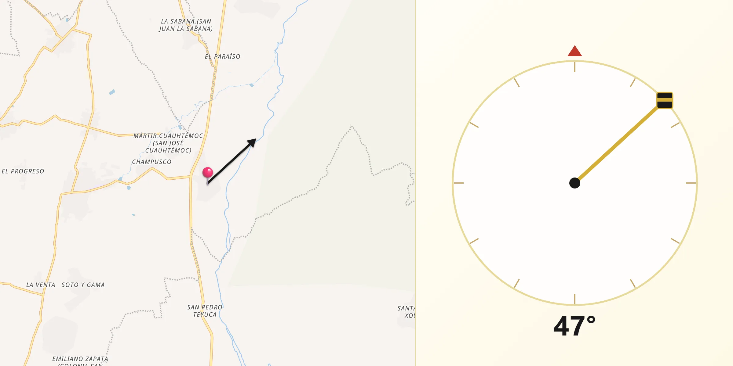 Dirección de la Qibla desde San Juan Huiluco