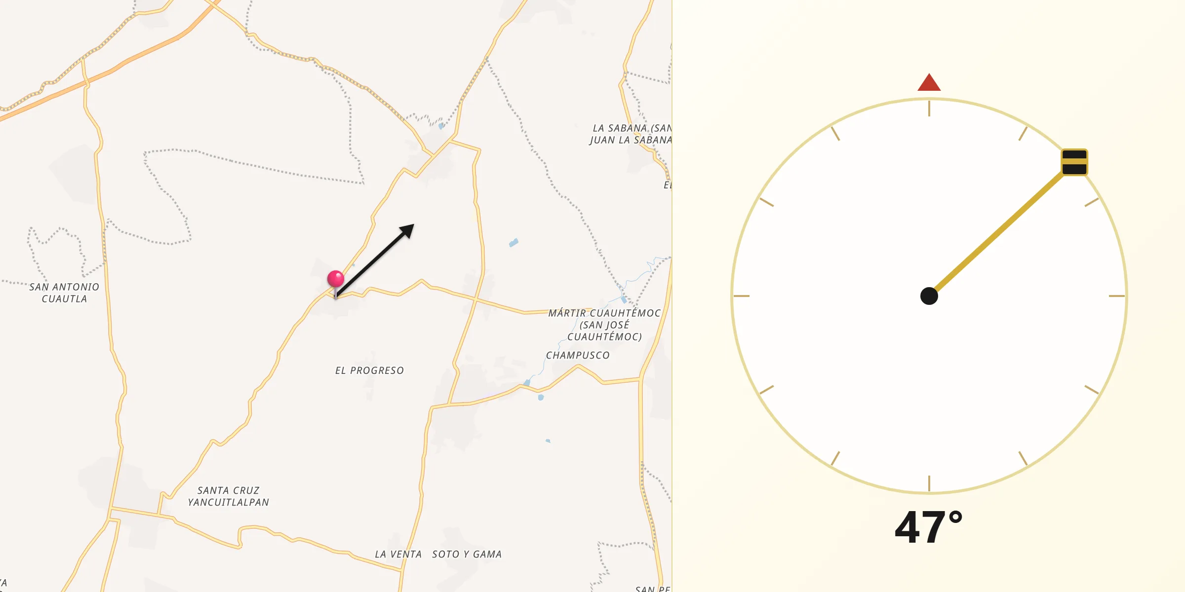 Dirección de la Qibla desde Teacalco de Dorantes (San José Teacalco)