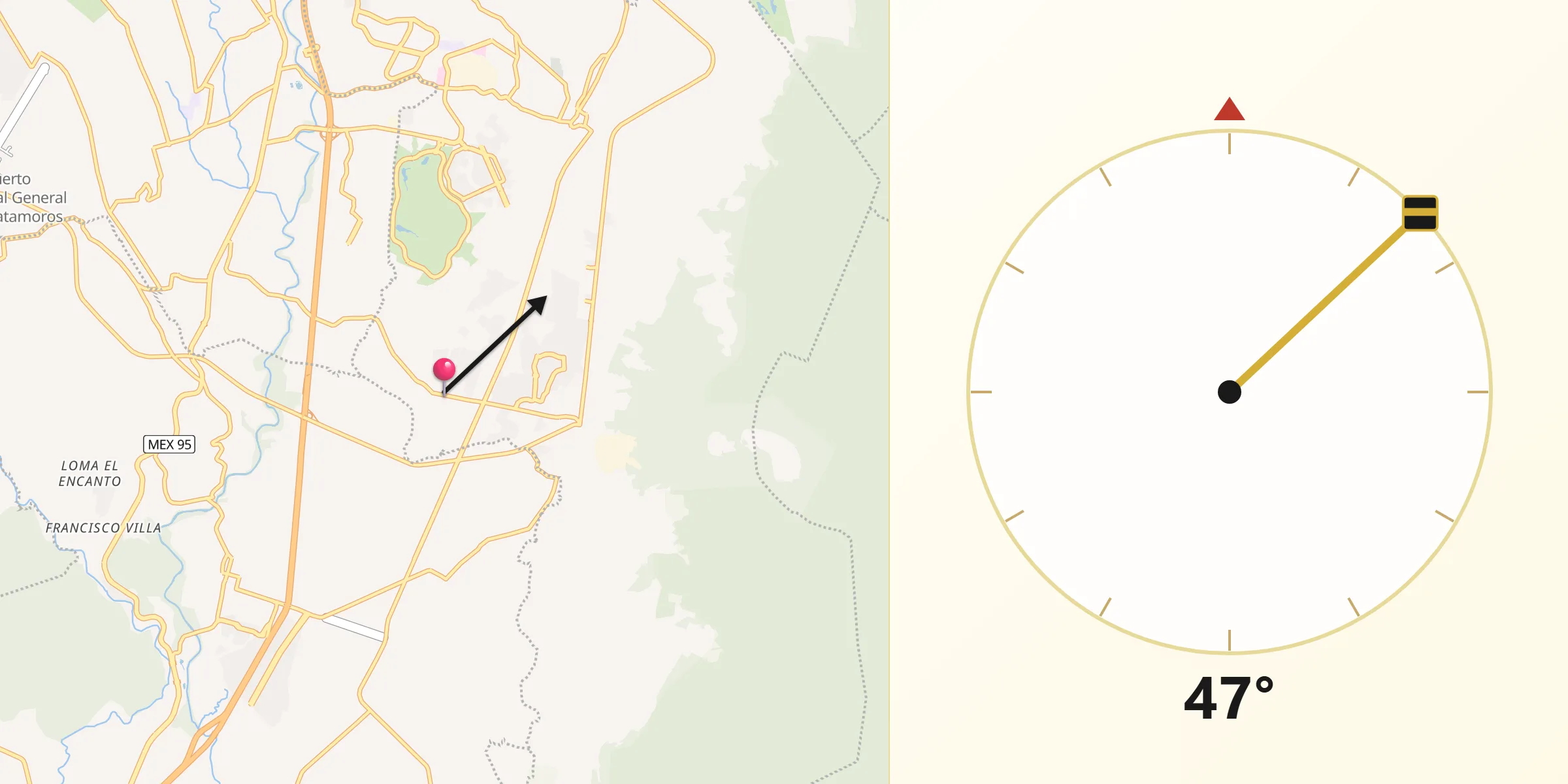 Dirección de la Qibla desde Tezoyuca