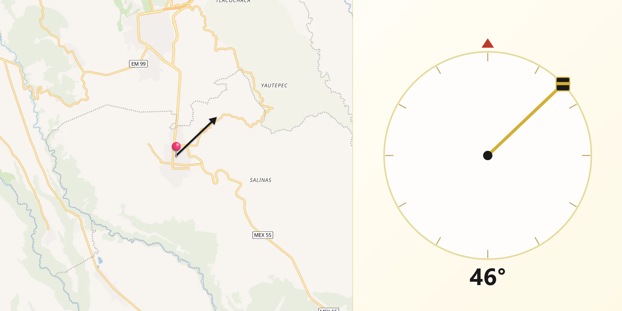Dirección de la Qibla desde San Gaspar Tonatico
