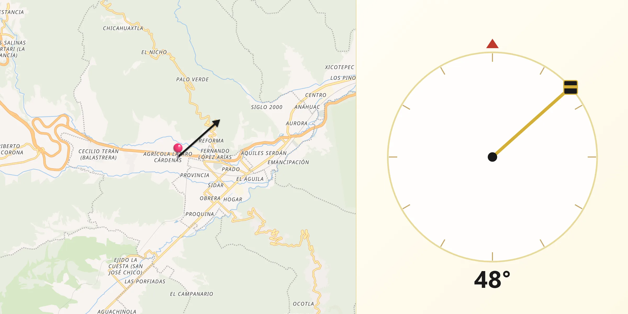Dirección de la Qibla desde Agrícola Lázaro Cárdenas