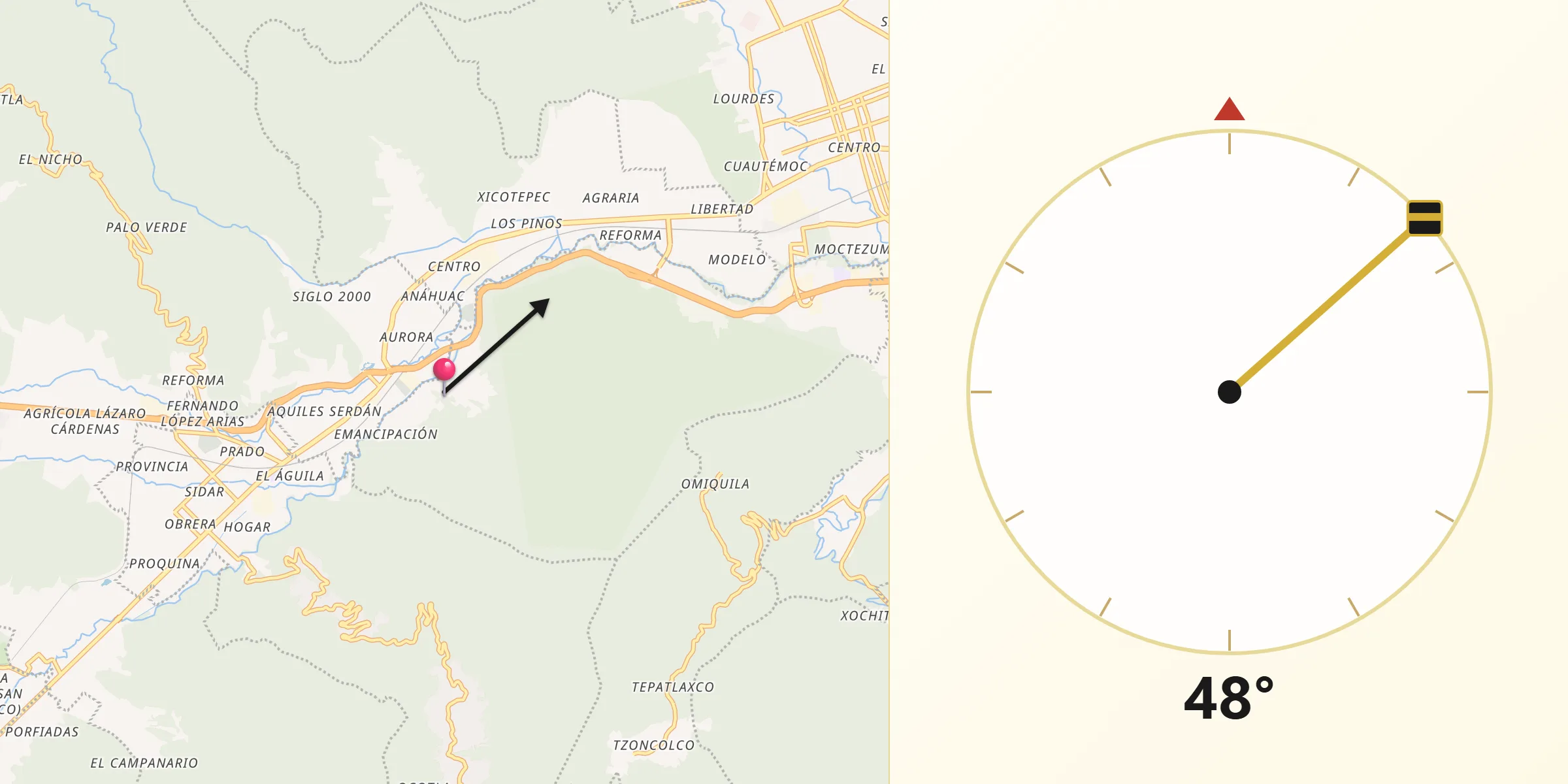 Dirección de la Qibla desde Huiloapan de Cuauhtémoc