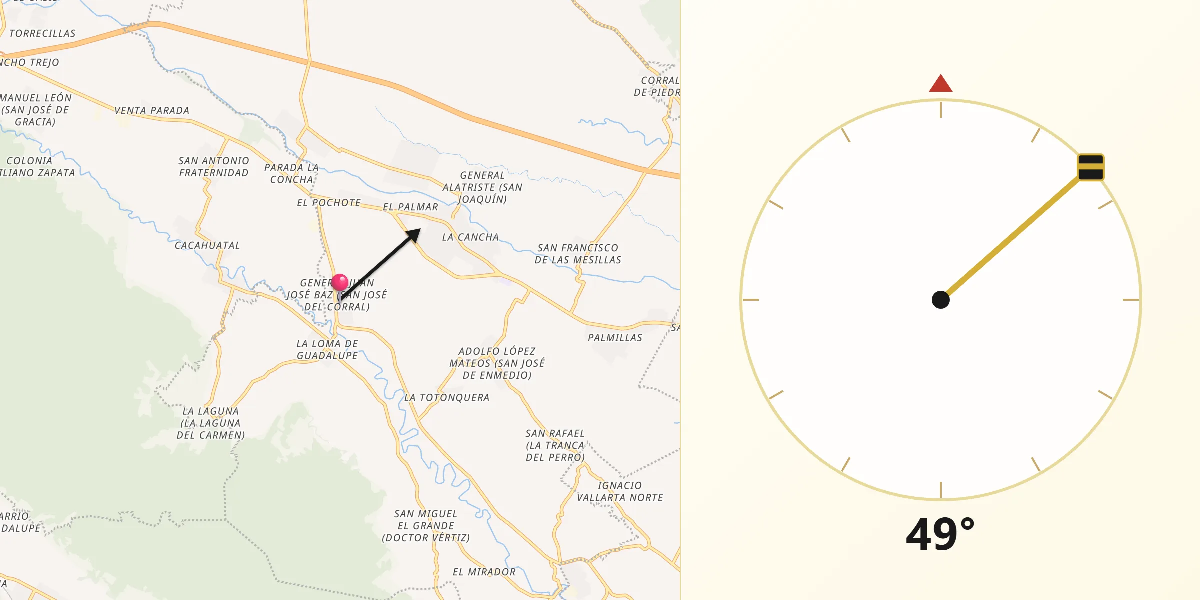Dirección de la Qibla desde General Juan José Baz (San José del Corral)