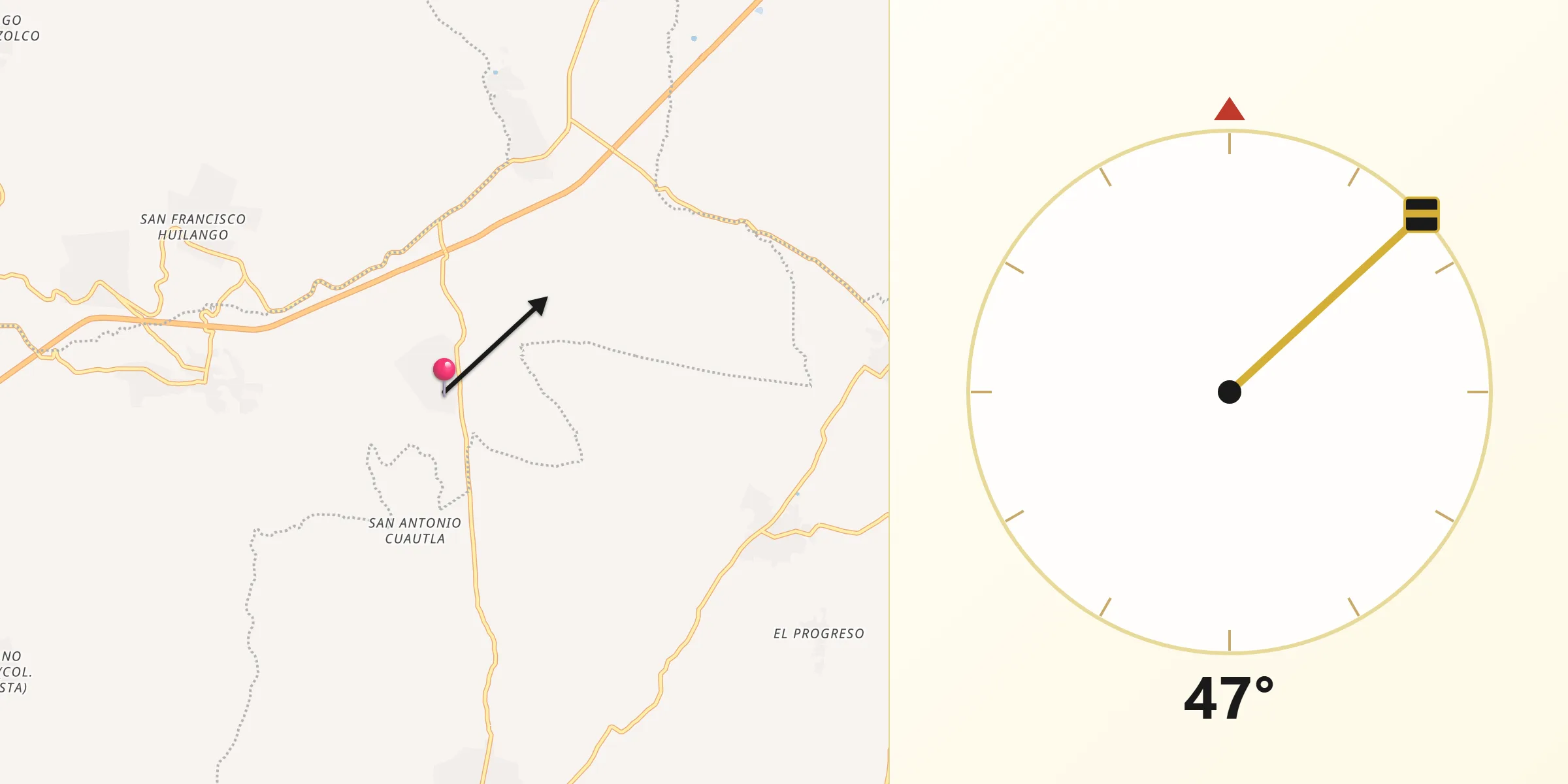 Dirección de la Qibla desde San Miguel Aguacomulican