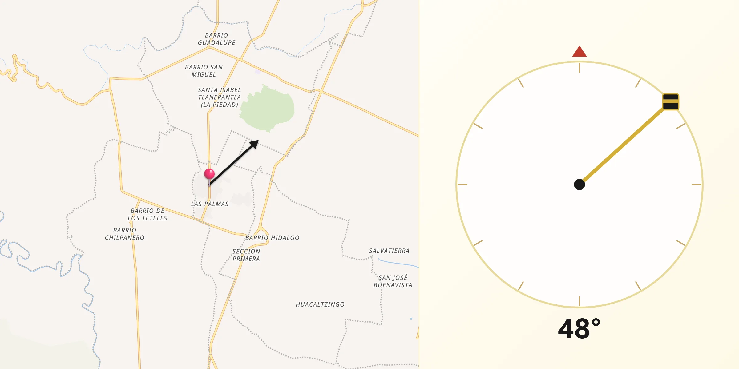 Dirección de la Qibla desde Santa Ana Coapan