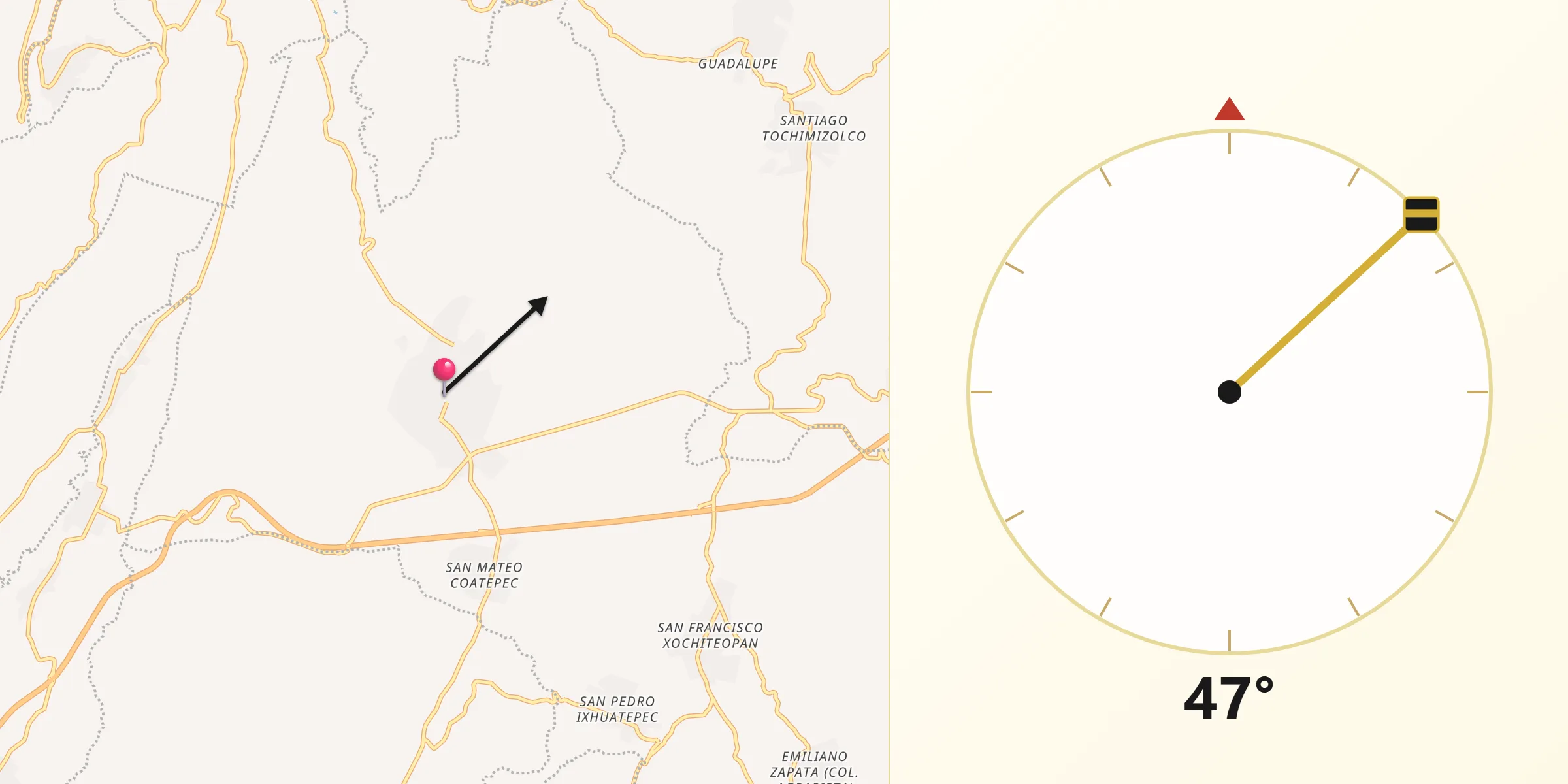 Dirección de la Qibla desde San Juan Amecac