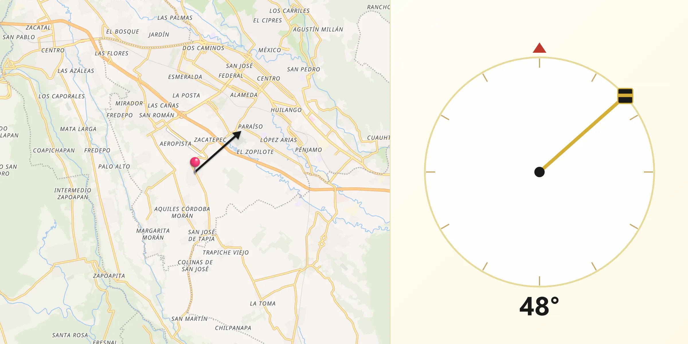 Dirección de la Qibla desde Veinte de Noviembre