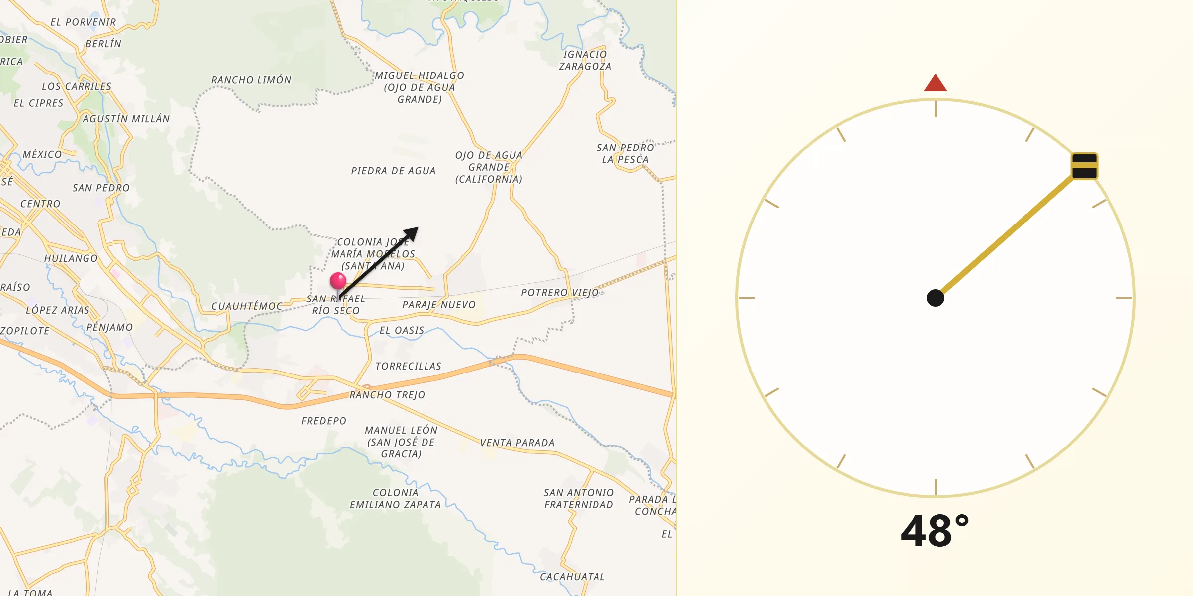 Dirección de la Qibla desde San Rafael Río Seco