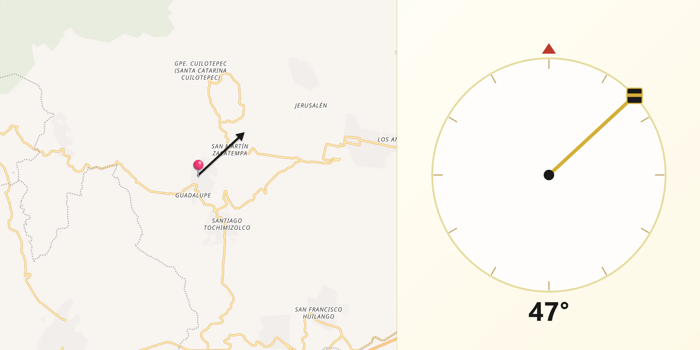 Dirección de la Qibla desde Tecuanipa
