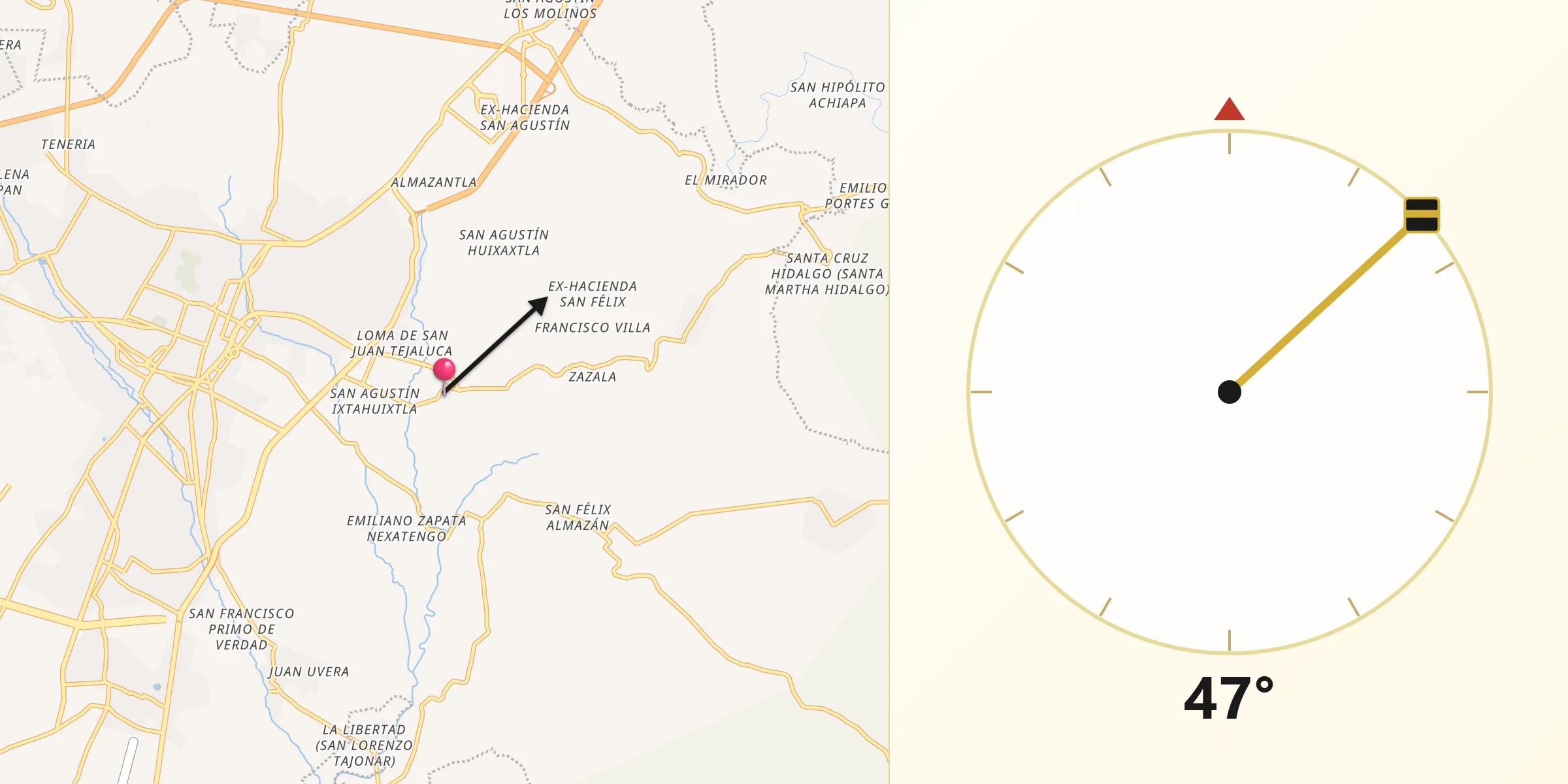 Dirección de la Qibla desde San Juan Tejaluca