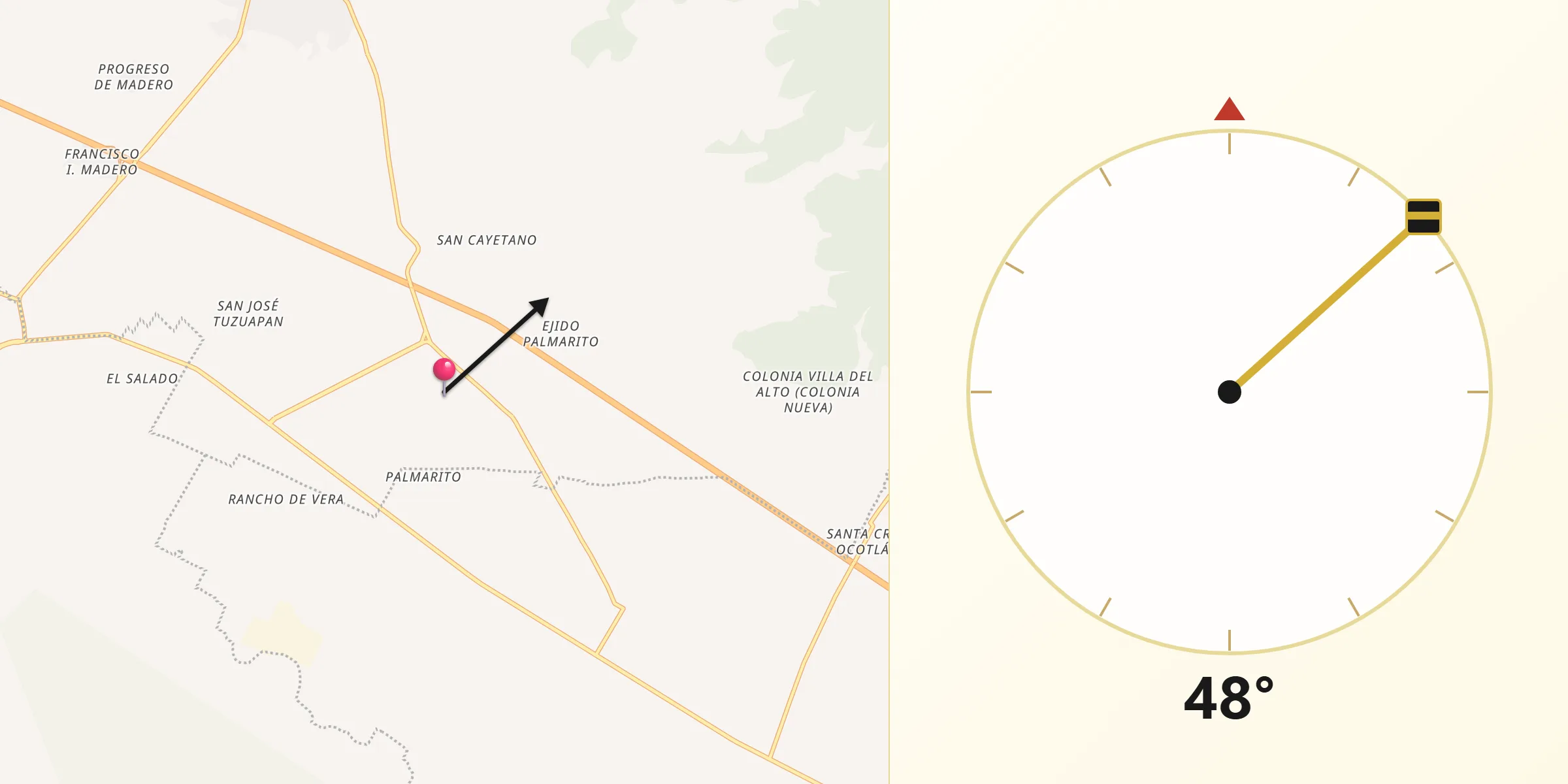 Dirección de la Qibla desde Palmarito Tochapan