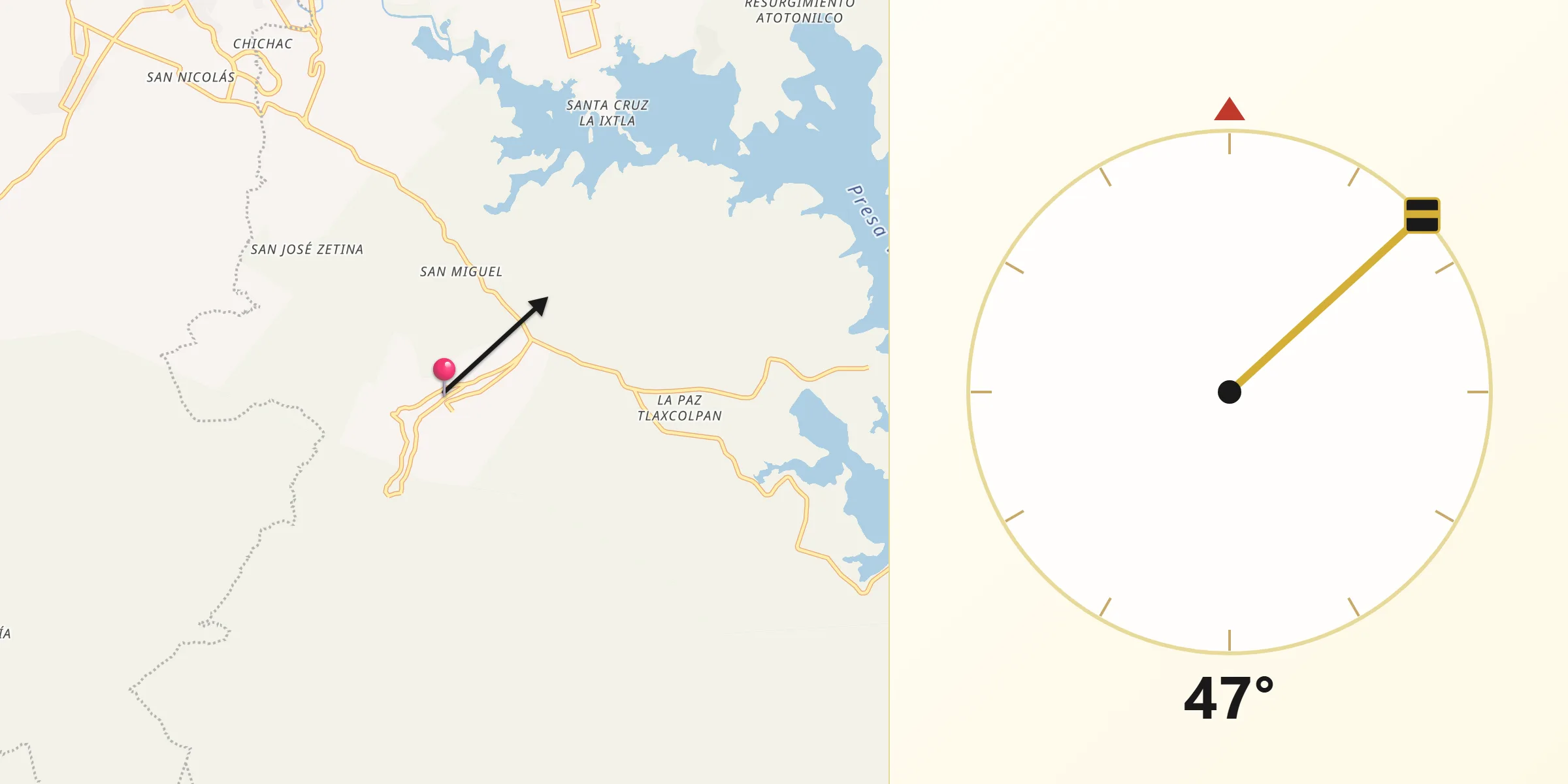 Dirección de la Qibla desde San Andrés Azumiatla