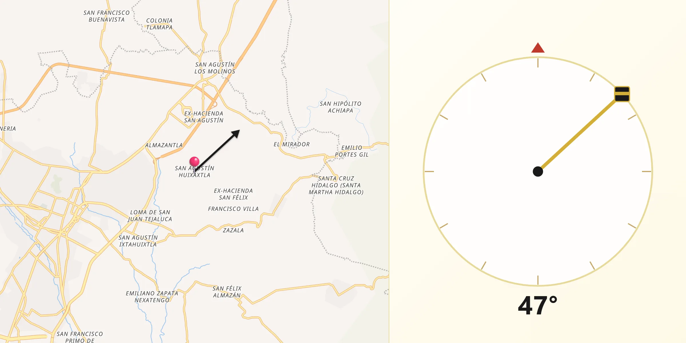 Dirección de la Qibla desde San Agustín Huixaxtla