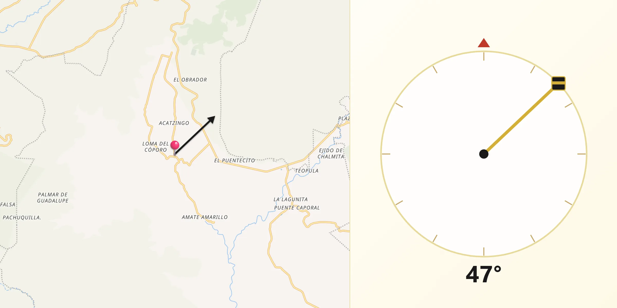 Dirección de la Qibla desde Jalmolonga (La Hacienda)