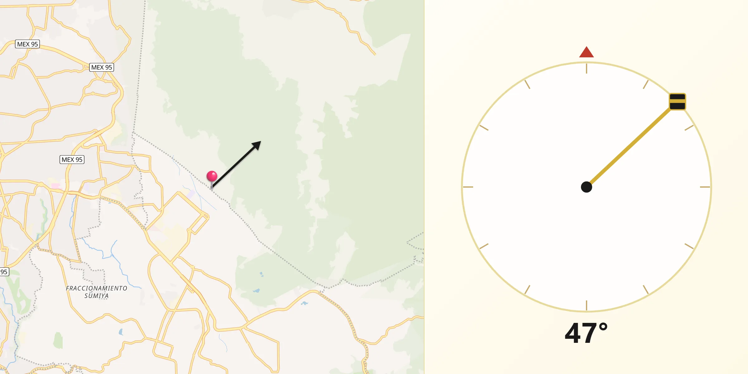 Dirección de la Qibla desde Tetecolala