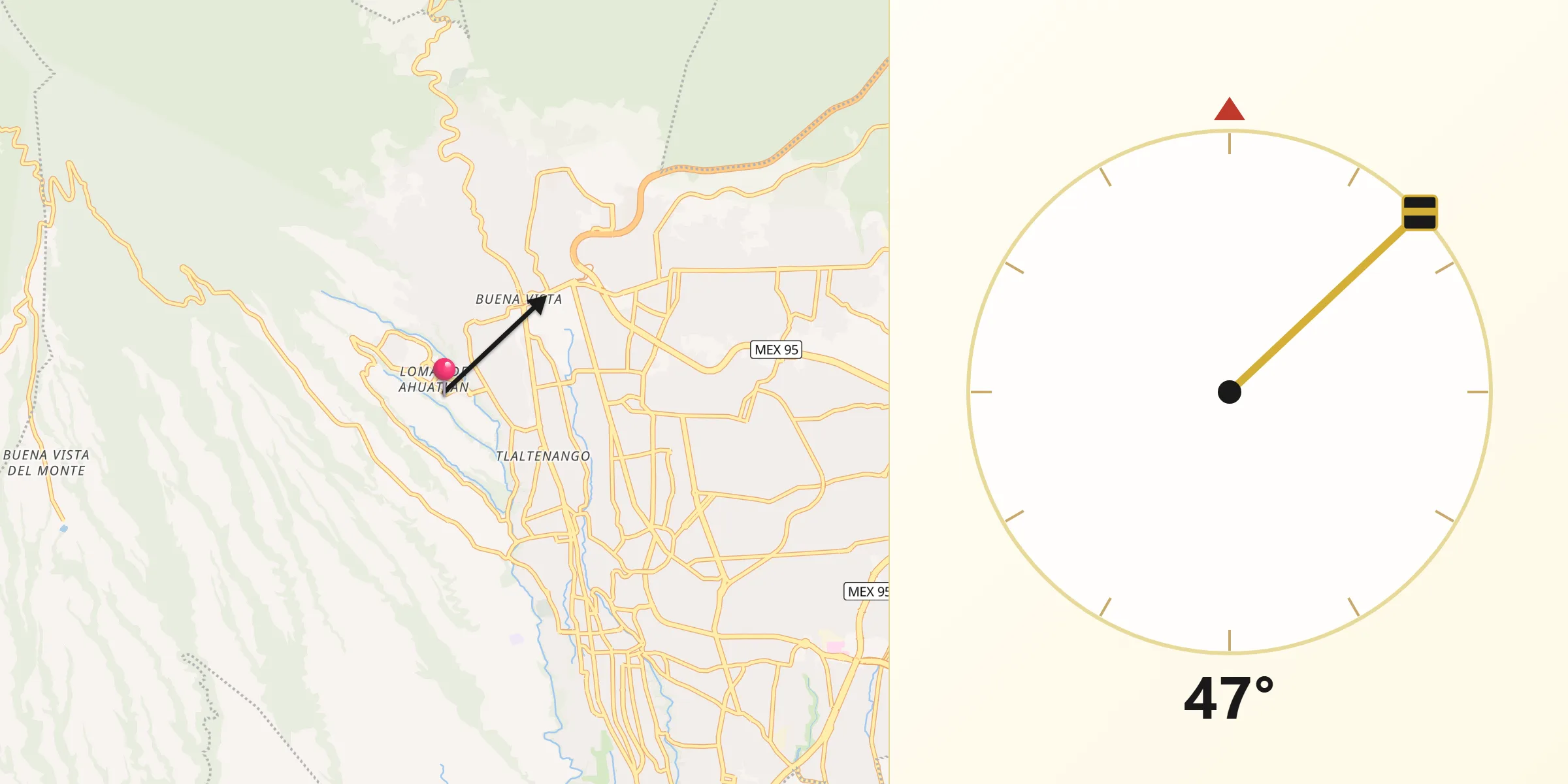 Dirección de la Qibla desde Fraccionamiento Lomas de Ahuatlán