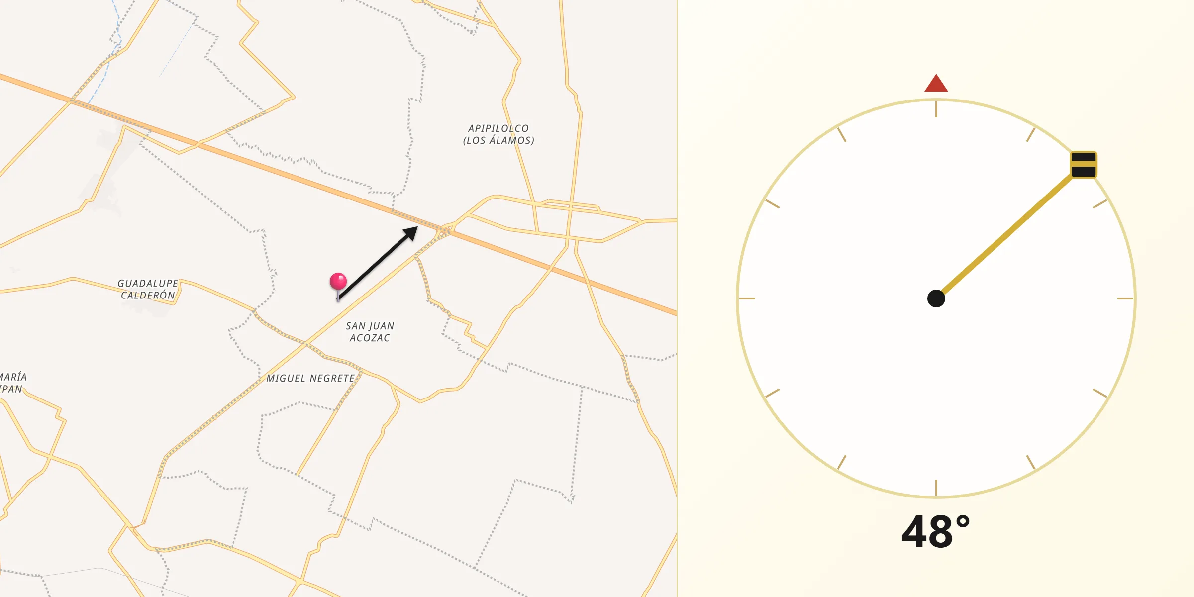 Dirección de la Qibla desde Los Reyes de Juárez