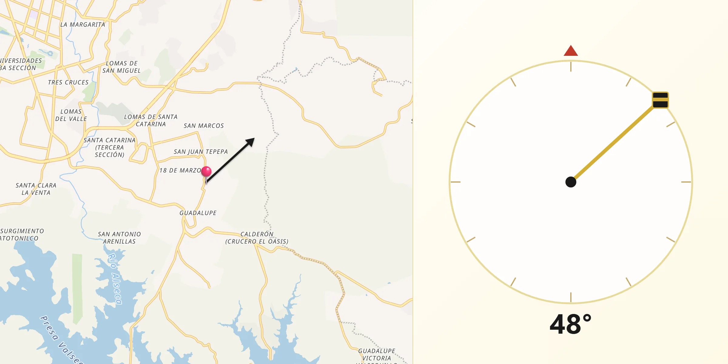 Dirección de la Qibla desde Santo Tomás Chautla