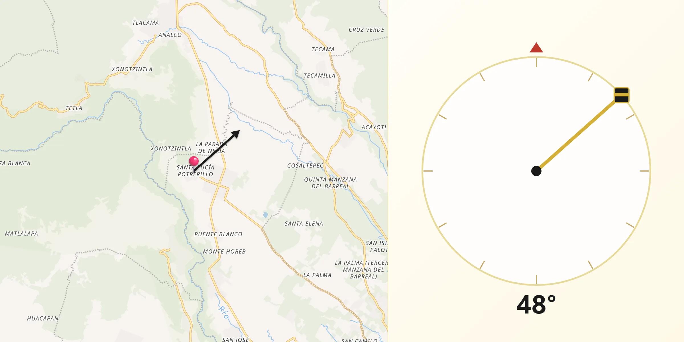 Dirección de la Qibla desde Santa Lucía Potrerillo