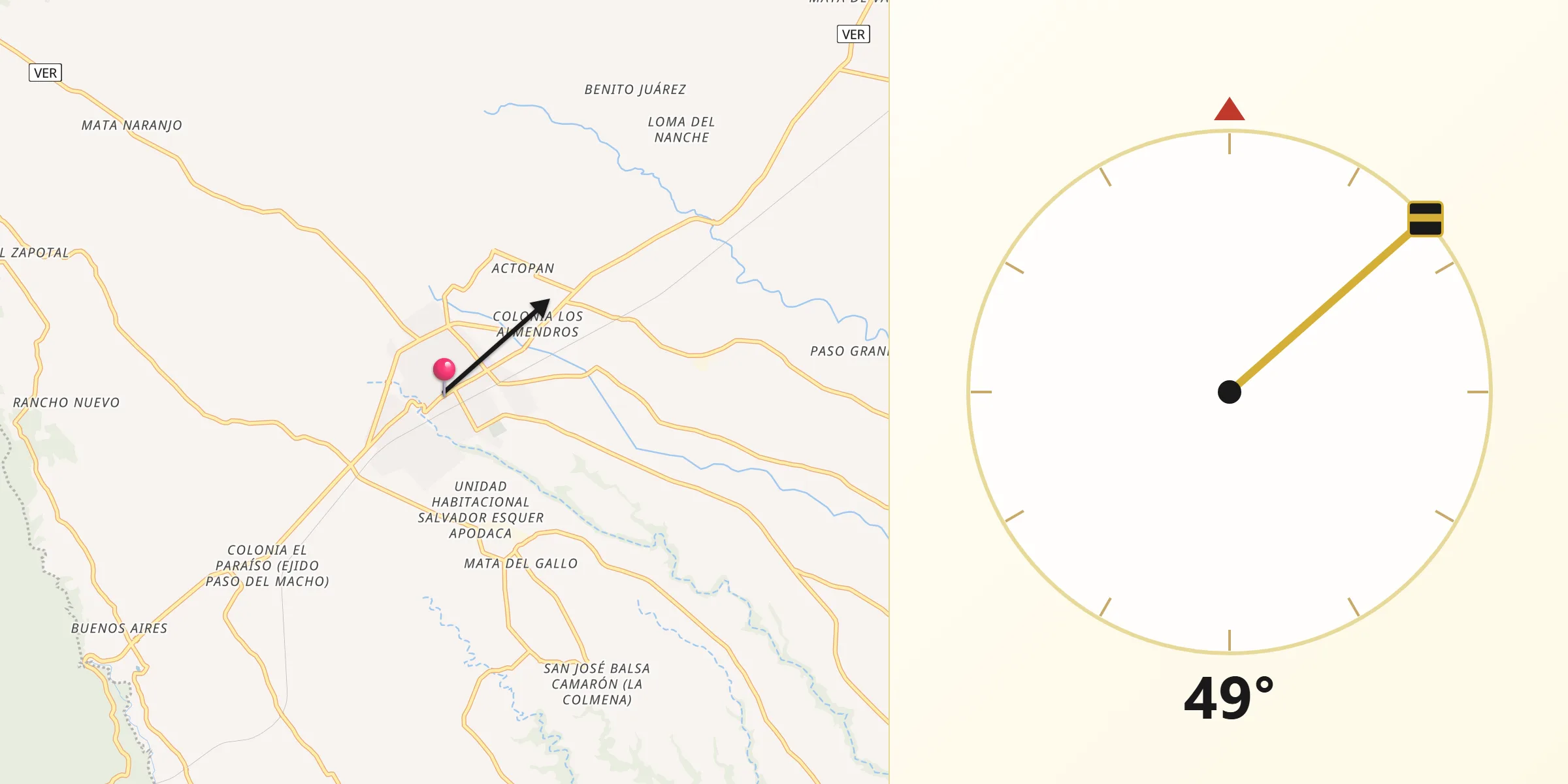 Dirección de la Qibla desde Paso del Macho